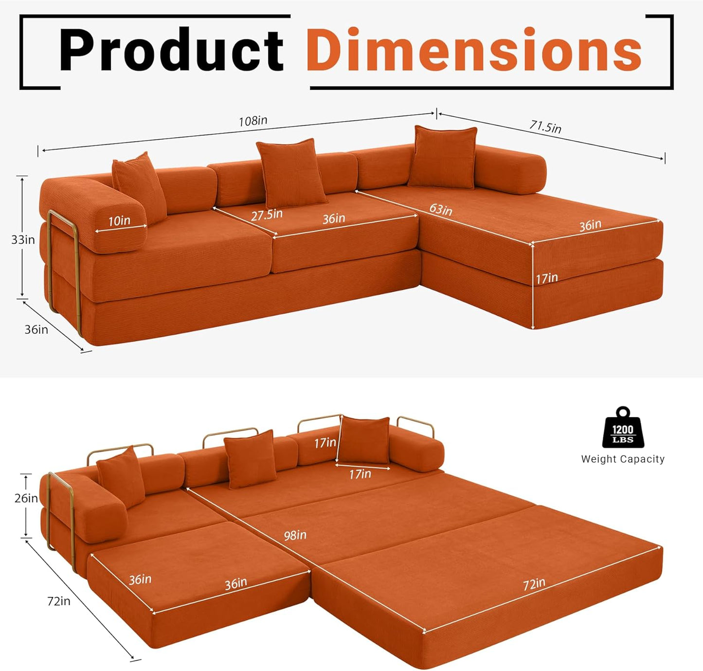 108" Oversized Convertible Sleeper Sofa Bed, Corduroy L Shape Sectional Couch, Folding Sofa Bed with Side Pocket, Modern Cloud Floor Mattress Couch, Modular Sofa for Living Room, Orange