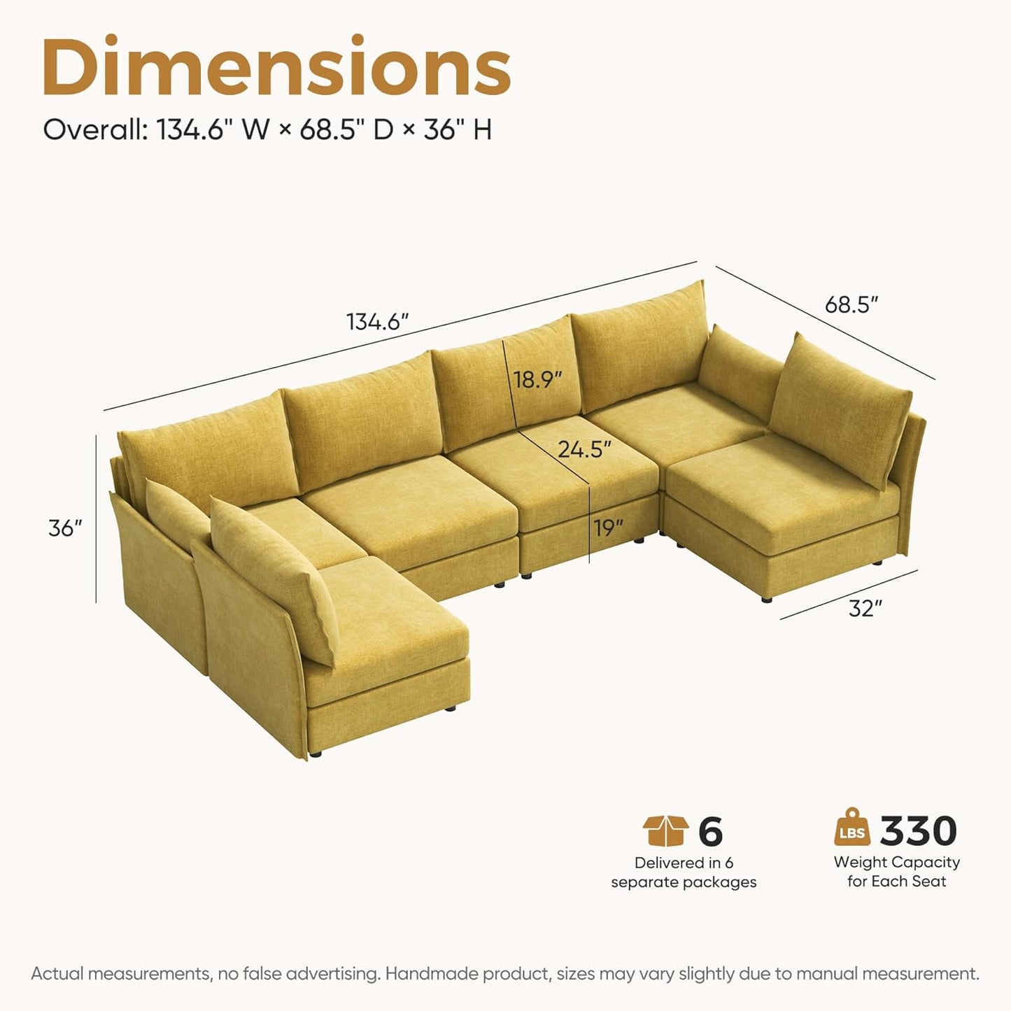 134.6" Oversized Modular Sectional Sofa, Large 6 Seater U Shaped Couch Deep Seat for Living Room, Apartment - Chenille Yellow