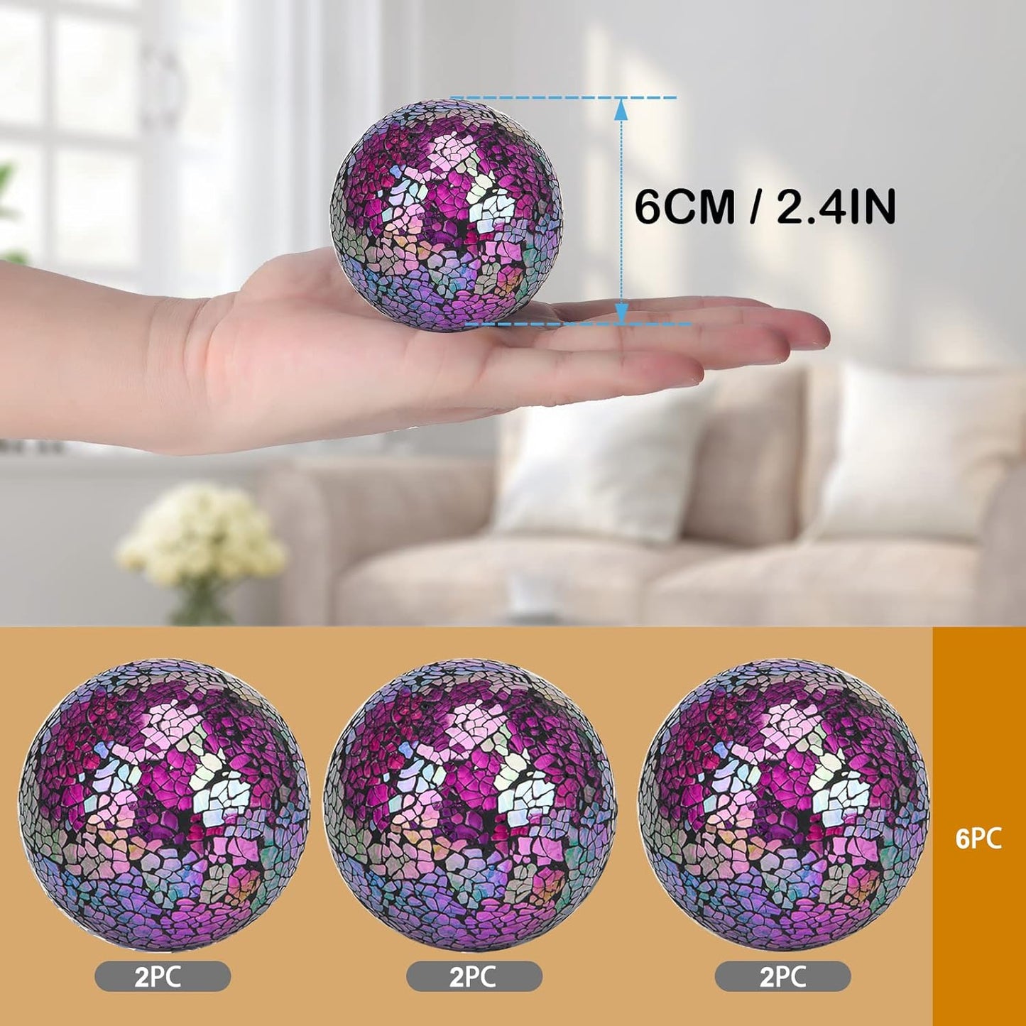 6Pcs Decorative Ball Set, 6cm/2.4inch Red Dazzle Mosaic Glass Orbs Centerpiece Balls for Decorate Bowls Vases Tables Wedding Party