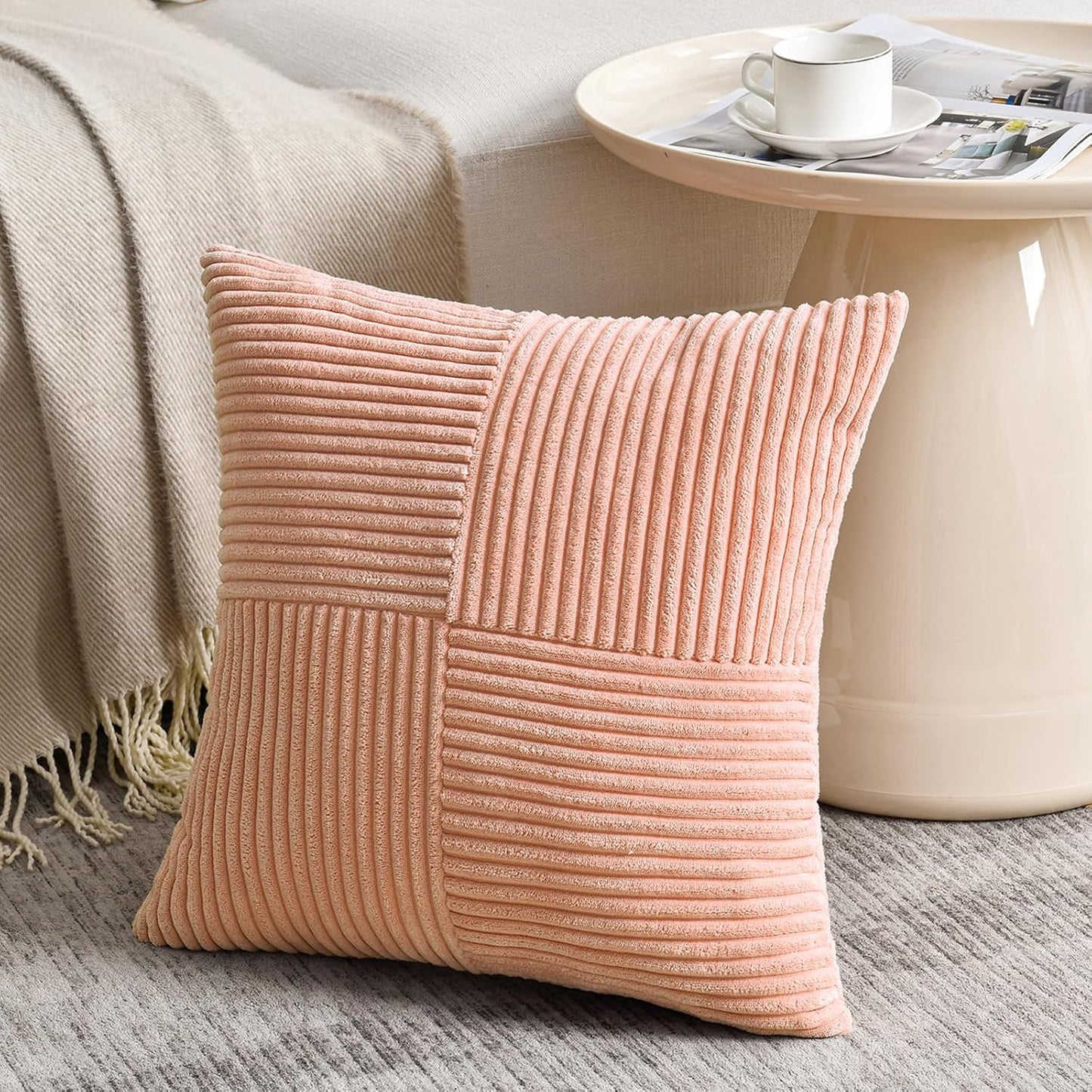 Fancy Homi 2 Packs Peach Big Decorative Throw Pillow Covers 24x24 Inch for Couch Bed Sofa, Rustic Farmhouse Boho Home Decor, Soft Corss Corduroy Patchwork Accent Square Cushion Case 60x60 cm