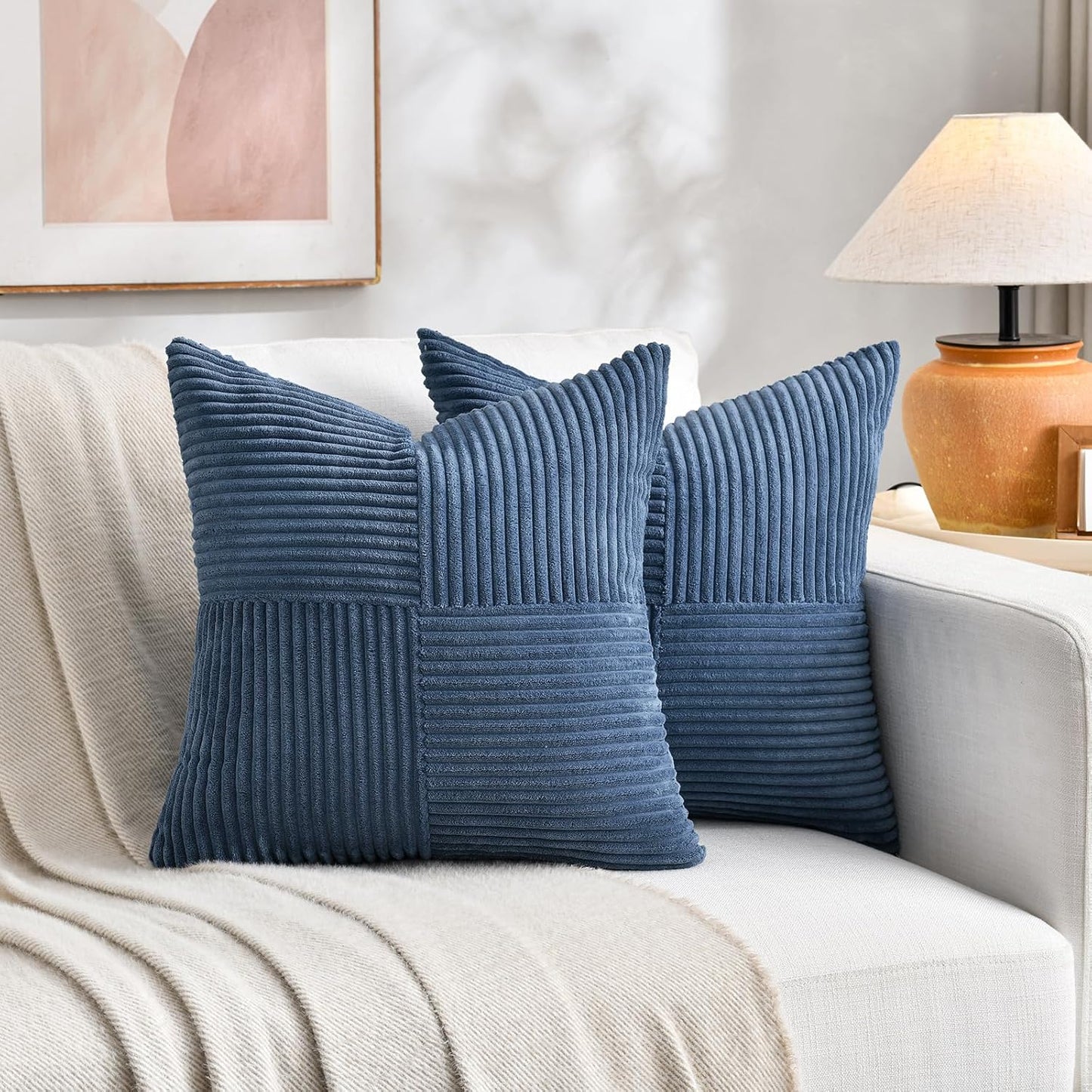 Fancy Homi 2 Packs Dusty Blue Samll Decorative Throw Pillow Covers 14x14 Inch with for Couch Bed Sofa, Rustic Farmhouse Boho Home Decor, Soft Corss Patchwork Corduroy Square Cushion Case 35x35 cm