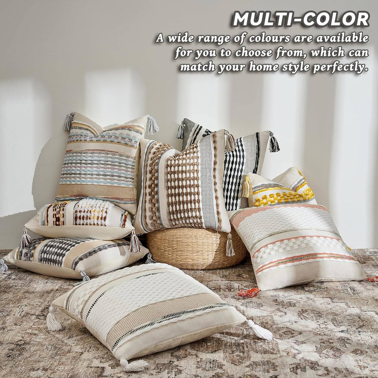 AmHoo Chenille Striped Textured Boho Throw Pillow Covers Aesthetic with Tassels Woven Decorative Pillow Case for Couch Bed Sofa Bedroom Modern Funky 18 x 18-Inch White Orange