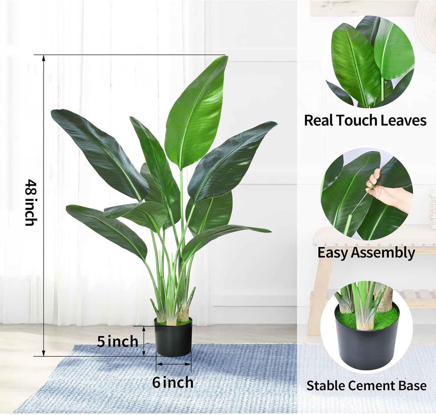 Artificial Bird of Paradise Plant,Faux Palm Tree Potted Plant with Real Touch Leaves,Fake Trees for Home Living Room Office Indoor Outdoor Decor(4FT-1Pack)