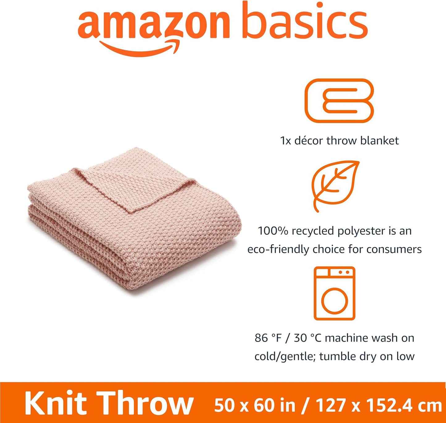 Amazon Basics Chunky Cable Knit Throw Blanket for Couch, Sofa, Bed, Lightweight Soft Cozy, Dusty Rose, 50"x 60"