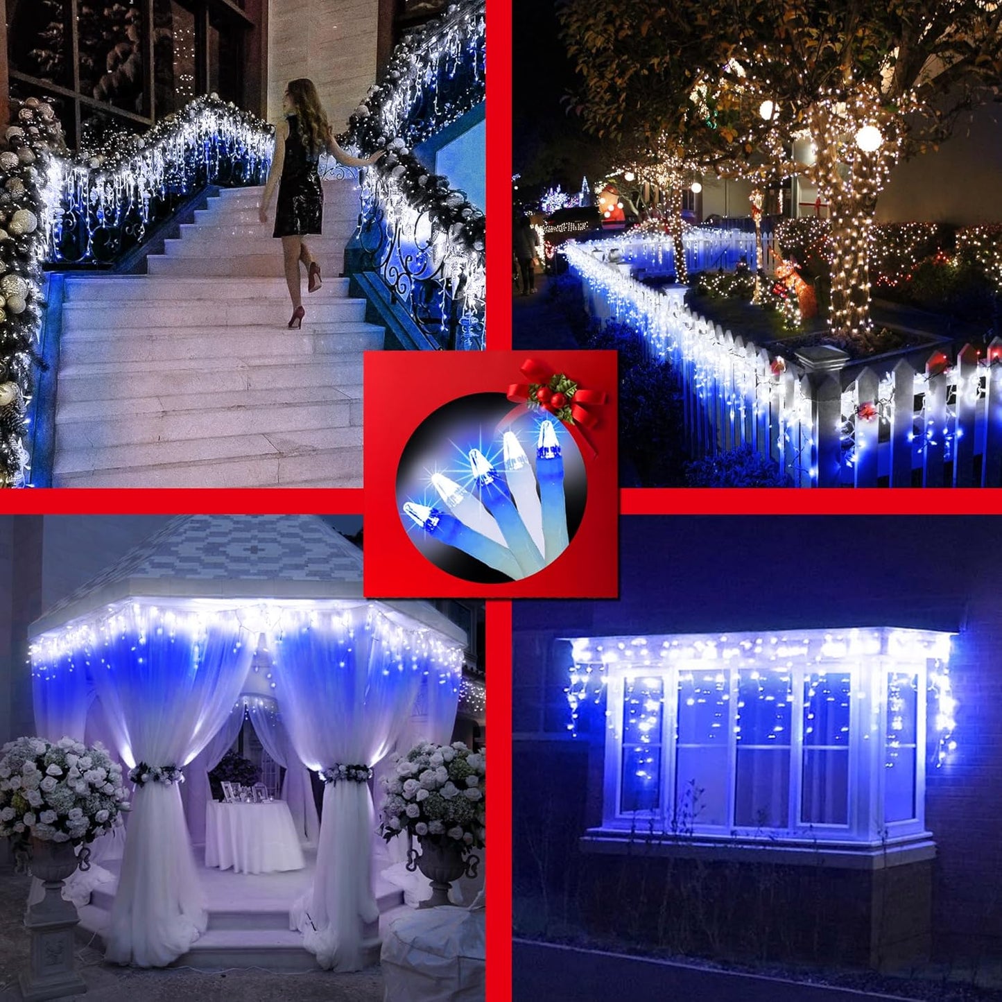 612 LED 60FT Christmas Lights with 136 Drops, 12 Modes Dimmable CoolWhite & Blue Outdoor Hanging Lights with Timer Memory, Waterproof Curtain Lights for Bedroom Yard Indoor Window Roof Fence Wedding