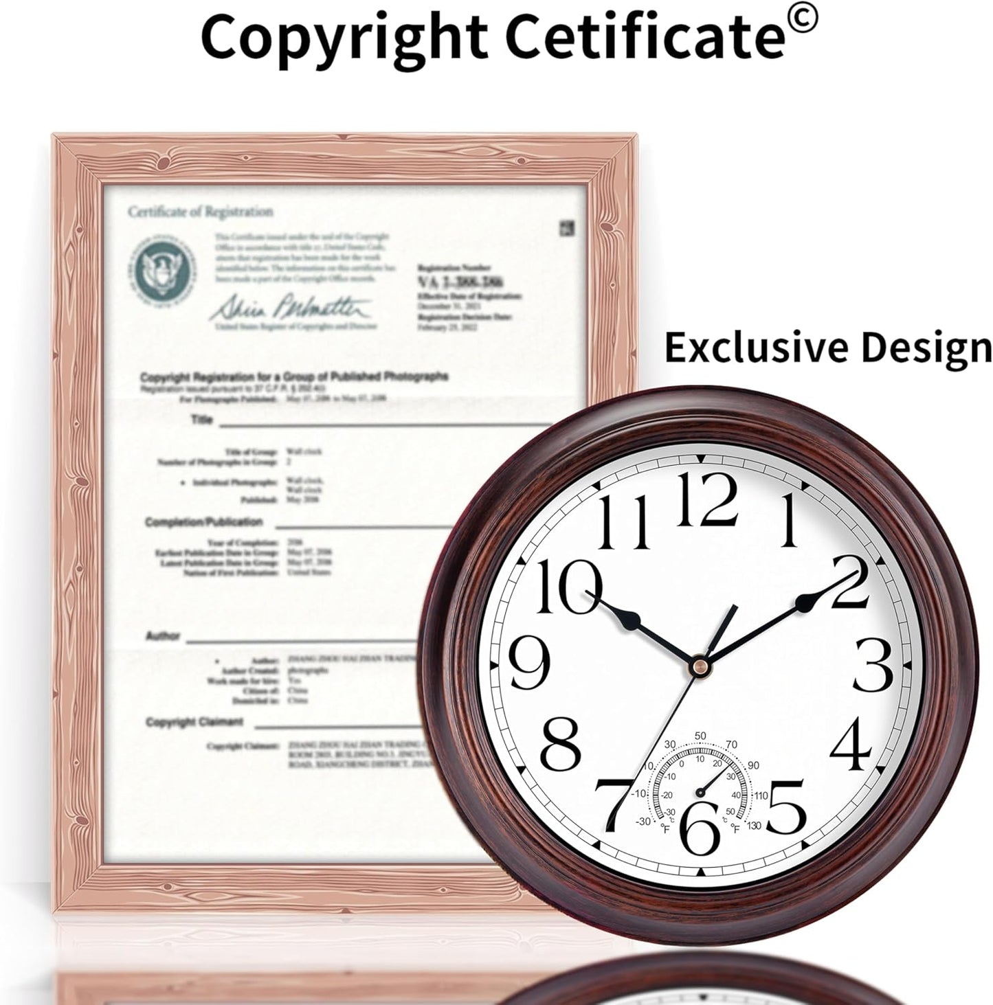 8.5 Inch Outdoor Wall Clock with Thermometers, Vintage Silent Wall Clocks Battery Operated, Retro Non-Ticking Clock Decorative for Living Room, Patio, Kitchen, Office, Bathroom, Bedroom(Bronze)