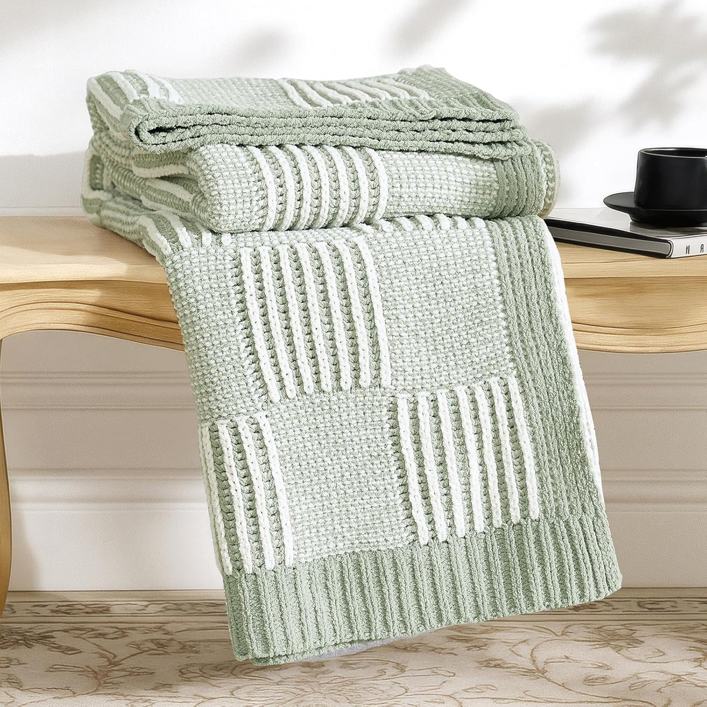 Amélie Home Chenille Knit Throw Blanket for Couch, Checkered Texture Decorative Soft Blanket for Sofa, Bed & Living Room, 50"x60", Sage Green & White