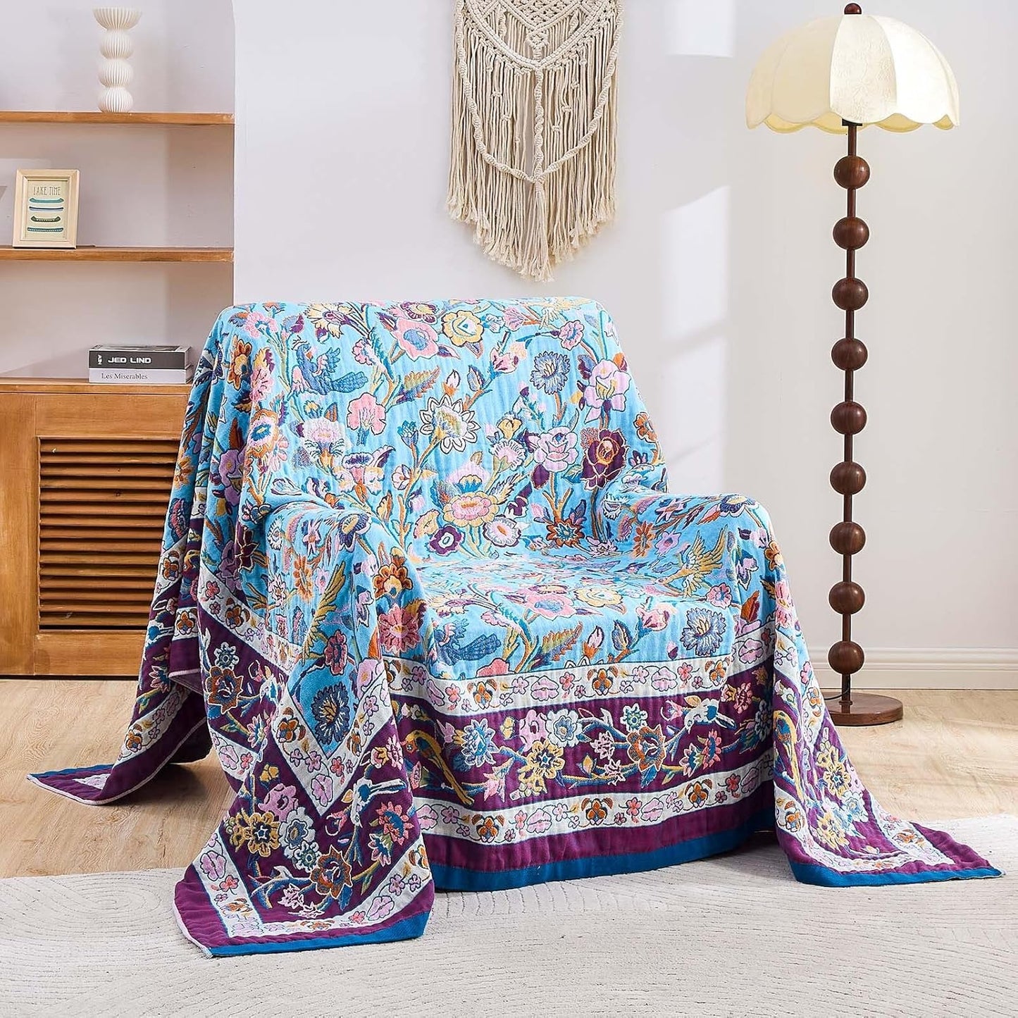 Fall Blanket for Bed, 100% Cotton Soft Rustic Boho Throw Blanket Quilt, 60"x80" Farmhouse Decor Bed Flower Blankets, Light Weight Reversible Bohemian Throw Quilt