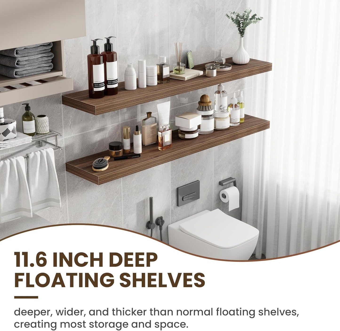 55 Inch Floating Shelves, 12 Inch Deep Floating Shelves for Wall, Floating Shelf with Invisible Brackets, Deep Wall Shelves for Bathroom, Bedroom, Living Room, 1 Pack, Walnut
