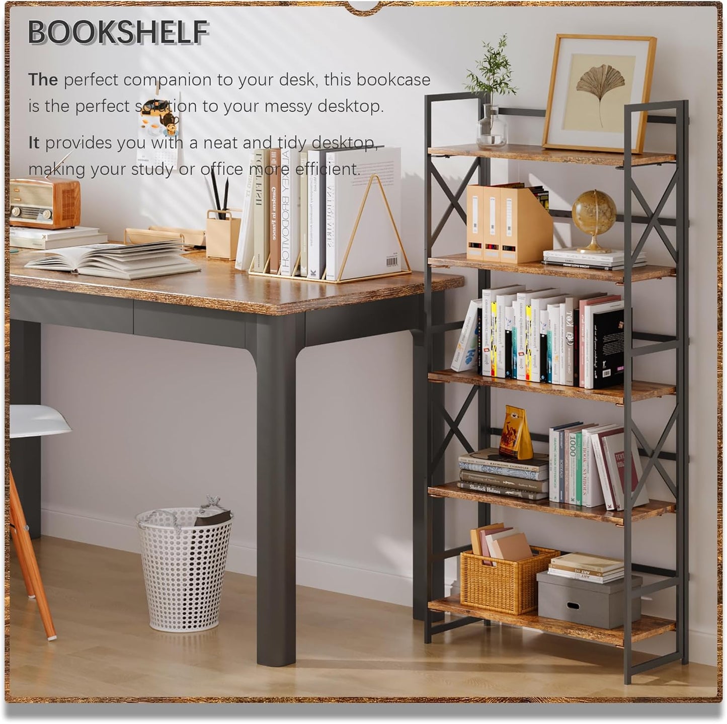 4NM 5 Tiers No Assembly Book Shelves, 51.2" H Folding Bookshelf Bookcase Open Industrial Foldable Shelves for Bedroom, Living Room, Home Office - Rustic Brown Black