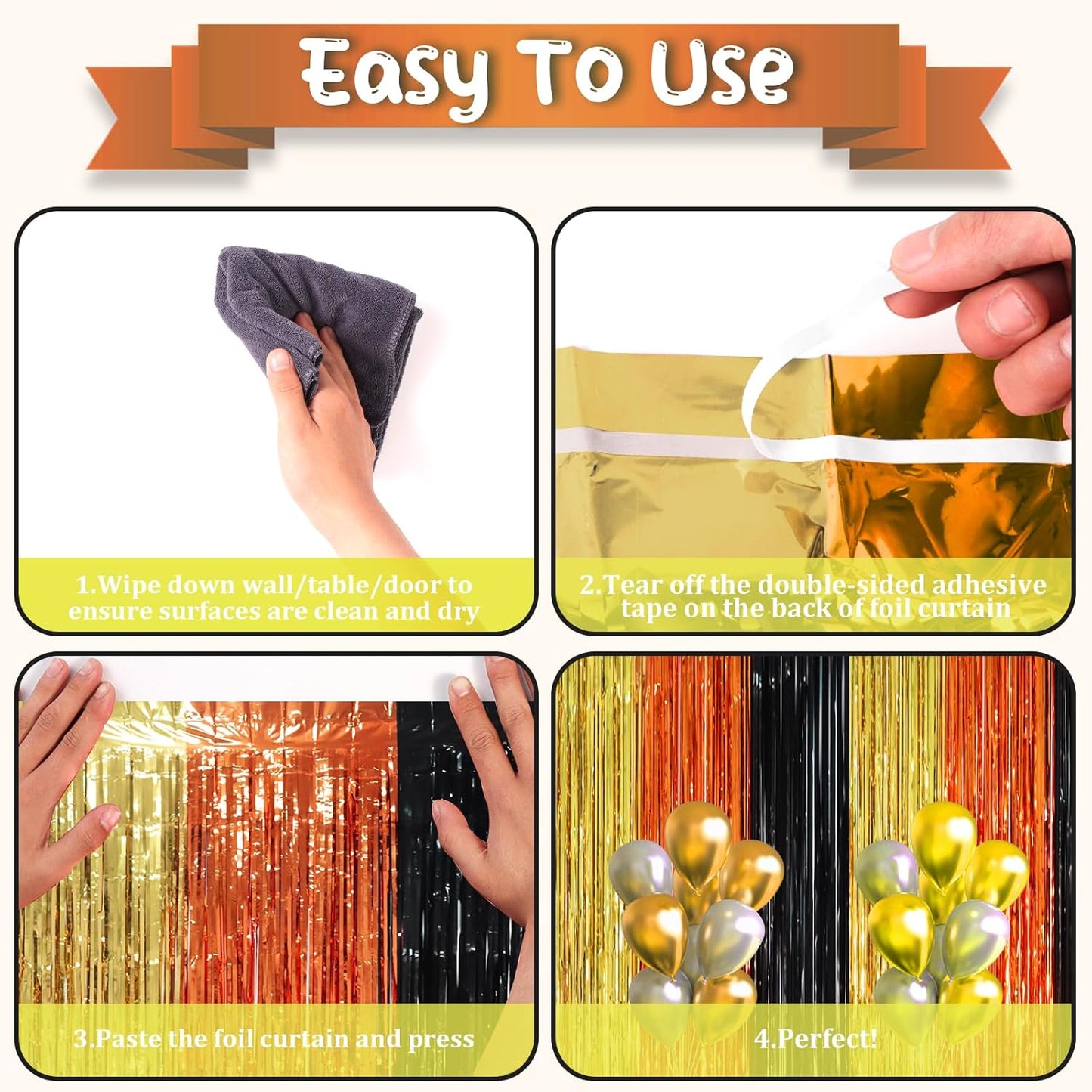 3 Pack 3.3 x 8.2 ft Black Gold Orange Foil Fringe Backdrop Curtains, Tinsel Streamers Party Decorations, Fringe Backdrop, Door Shimmer for Construction or Birthday Party