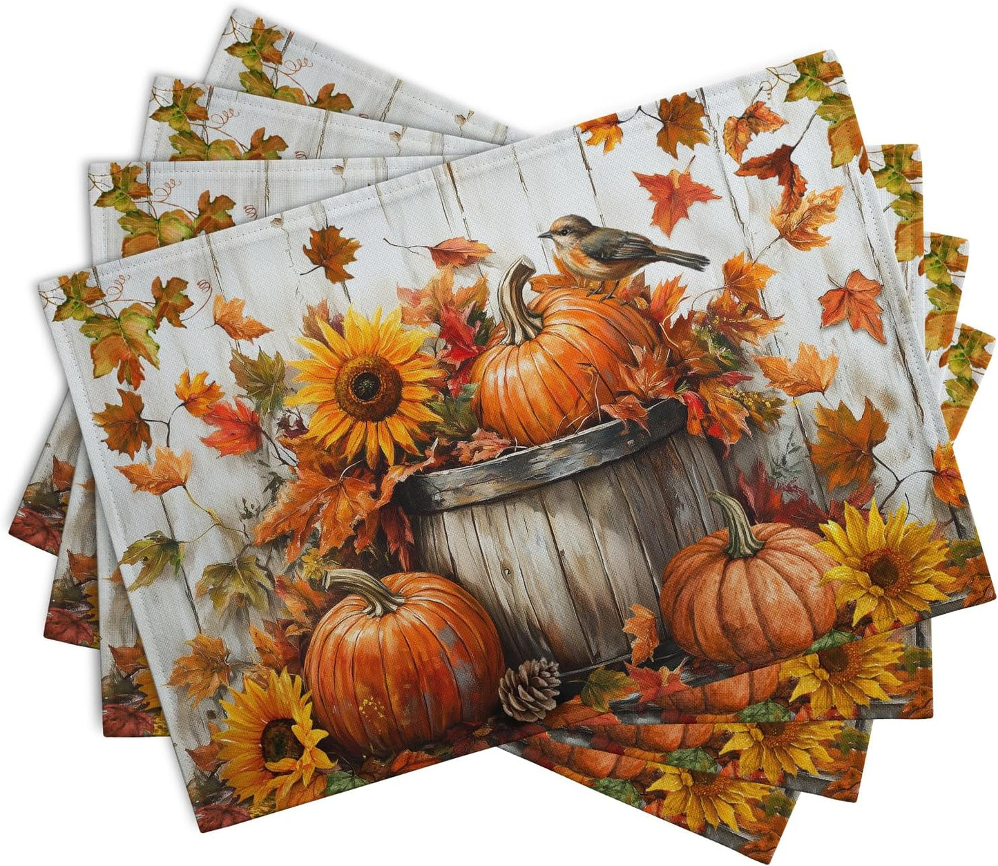 Fall Placemats 12x18 Inch Set of 4 Pumpkin Maple Leaves Sunflower Bird Linen Place Mat Burnt Orange Autumn Thanksgiving Harvest Table Mats for Party Kitchen Dining Decoration
