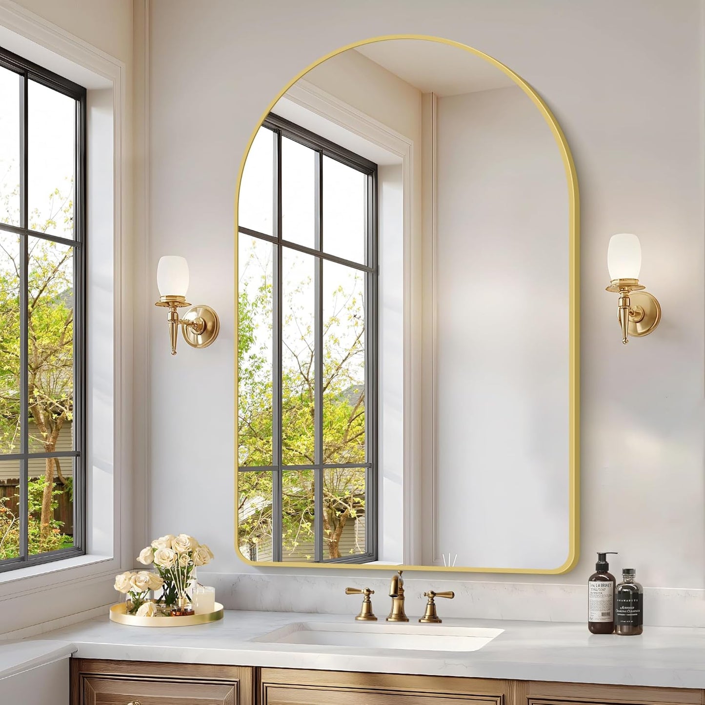 Arched Bathroom Mirror, 30"x48" Gold Arched Mirror for Bathroom, Wall Mounted Mirror, Gold Vanity Wall Mirror w/Metal Frame for Bedroom, Entryway, Living Room, Vertically Hanging