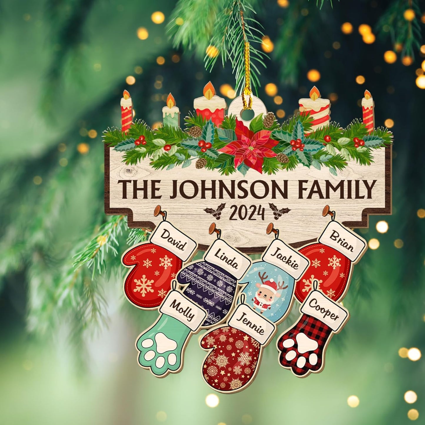 Family with Pet Ver 2 - Personalized Custom Wood Ornament, Family Gloves Christmas Ornament 2024, Xmas Ornament Gifts for Family Tree Decoration (A06, 10 Names)