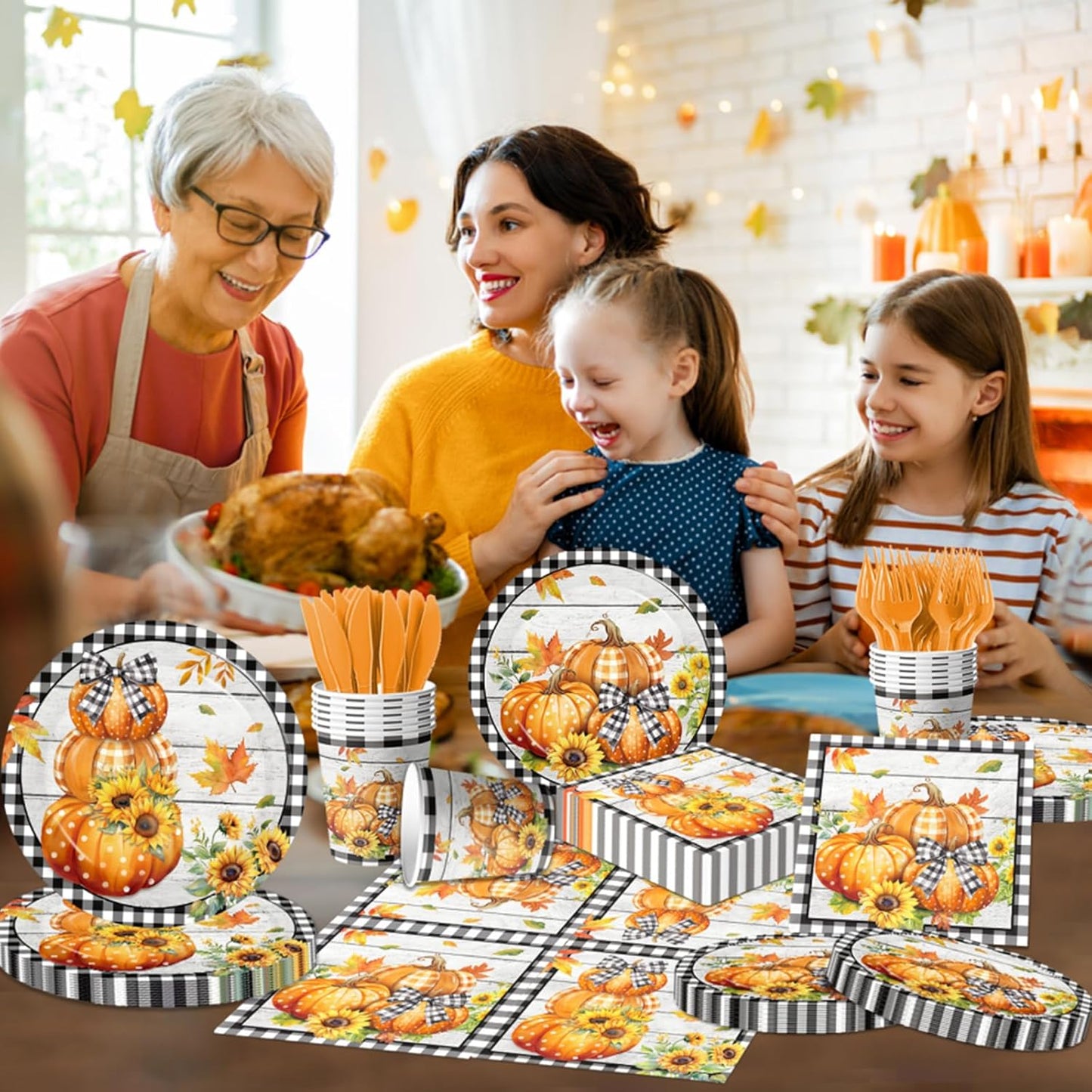 Fall Party Decorations,144Pcs Fall Thanksgiving Tableware Set Includes Plates,Napkins,Knife,Fork Black and White Buffalo Plaid Pumpkin Theme Decorations for Autumn Harvest,Thanksgiving Day