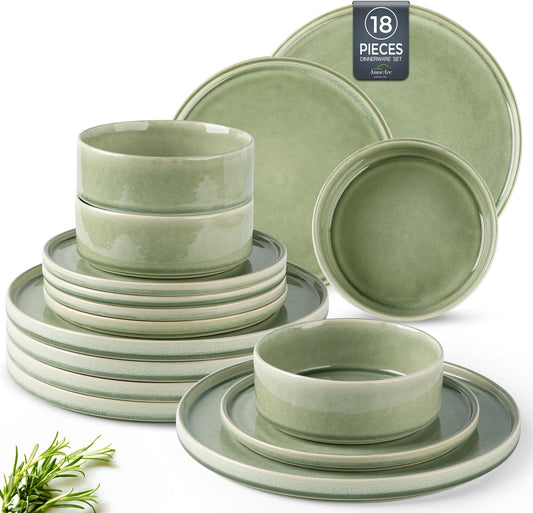 AmorArc Ceramic Dinnerware Sets, Handmade Reactive Glaze Stoneware Plates and Bowls Sets,Highly Chip and Crack Resistant | Dishwasher & Microwave Safe Dishes Set, Service for 6 (18pc)