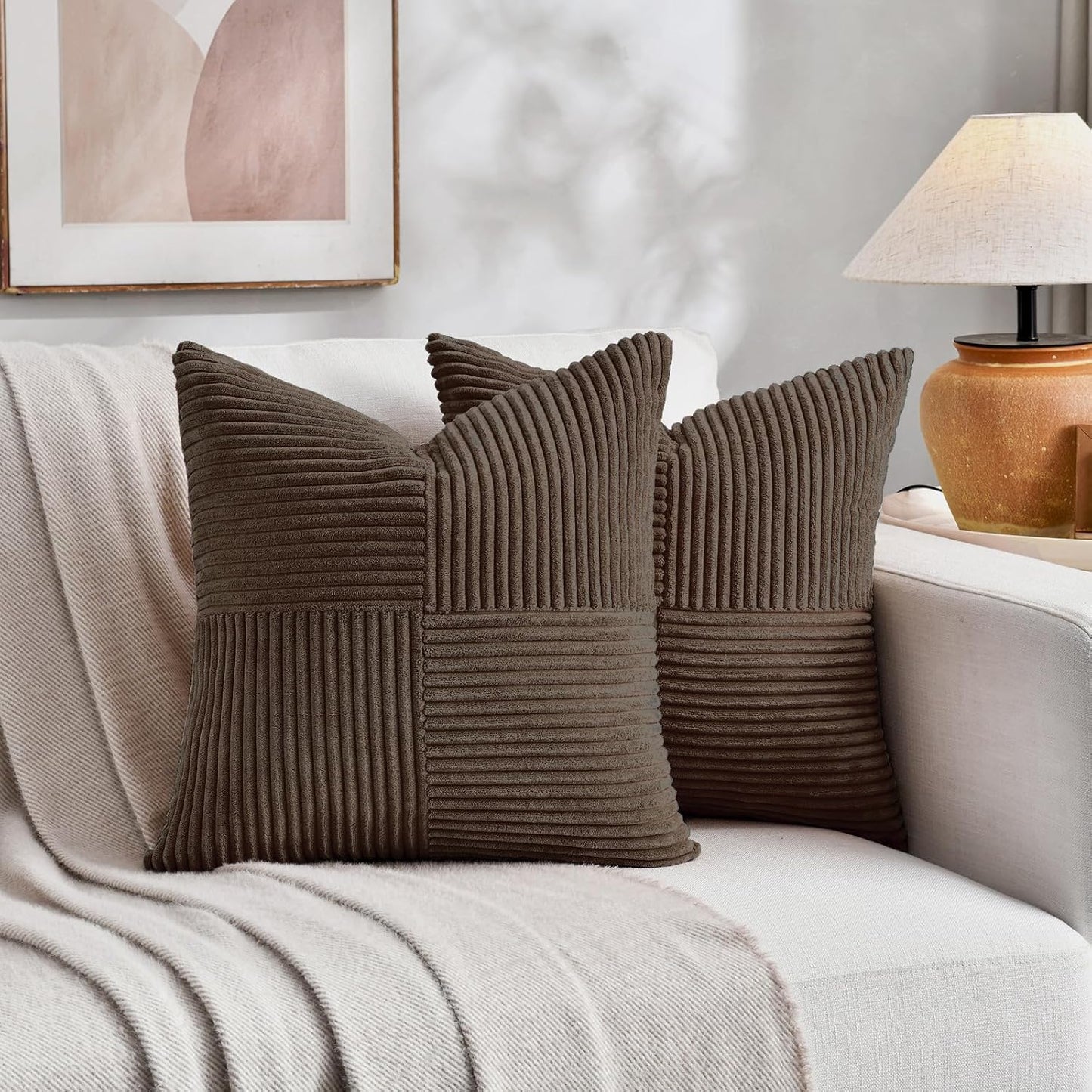 Fancy Homi 2 Packs Dark Brown Euro Decorative Throw Pillow Covers 26x26 Inch for Couch Bed, Rustic Farmhouse Boho Home Decor, Soft Corss Corduroy Patchwork Textured Square Cushion Case 66x66 cm