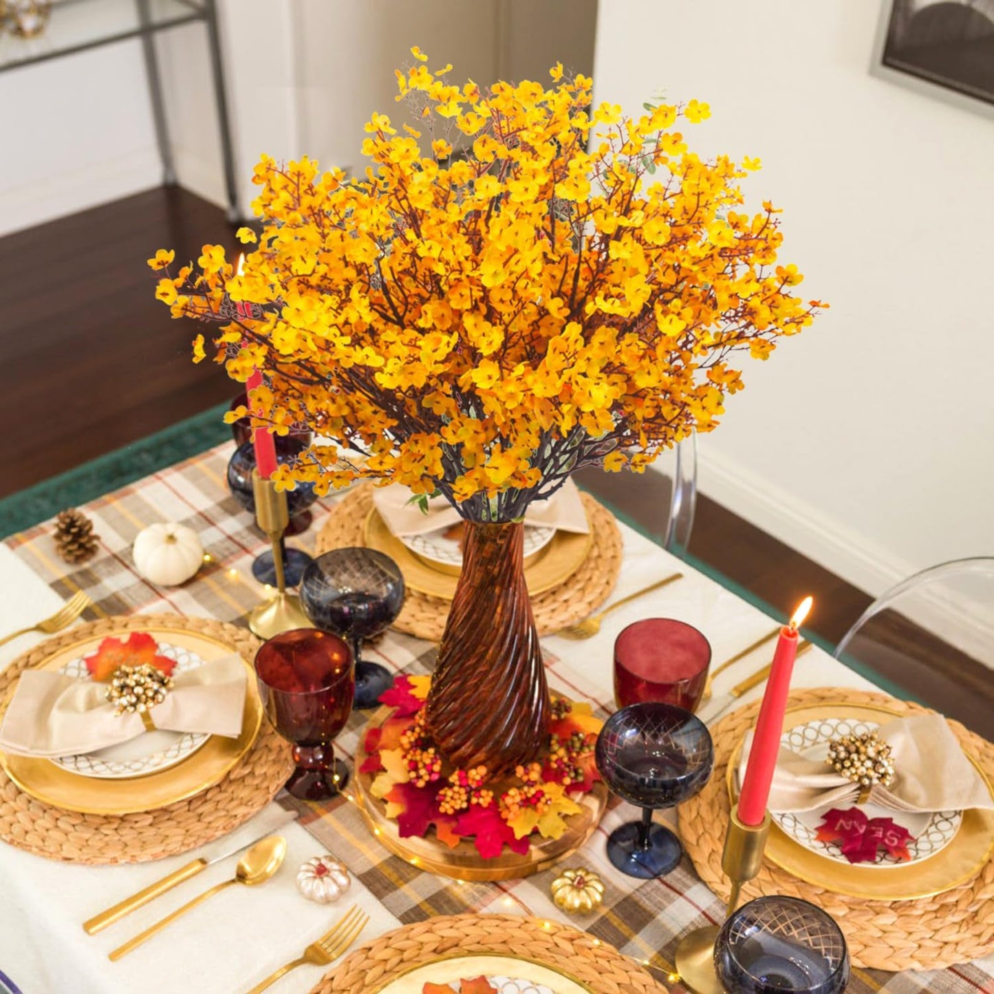 10Pcs Artificial Babys Breath Flowers, Orange Fall Flowers, Fake Silk Flowers for Home DIY Floral Arrangement Table Centerpiece Fall Thanksgiving Autumn Decoration