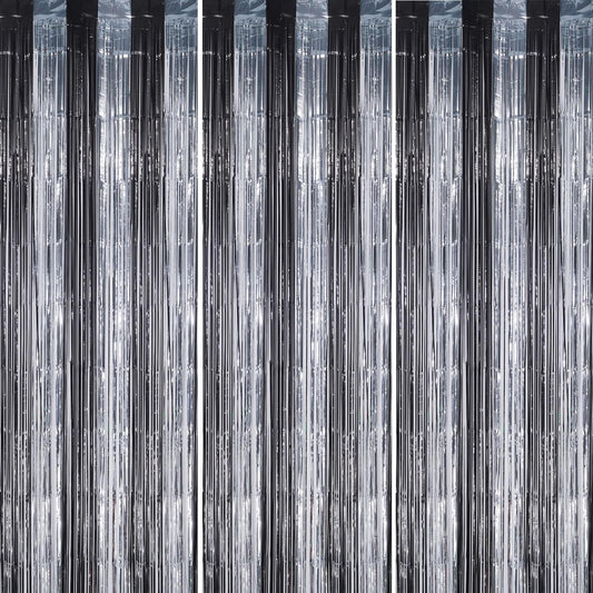 3 Pack Foil Fringe Backdrop - Black&Silver Shiny Tinsel Curtains for Party Decoration/Photo Booth Props - 3.3x8.2 FT Metallic Foil Backdrop for Birthday, Wedding, Graduation, Christmas.