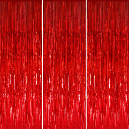 GOER 3.2 ft x 9.8 ft Metallic Tinsel Foil Fringe Curtains Party Photo Backdrop Party Streamers for Birthday,Graduation,New Year Eve Decorations Wedding Decor (3 Pcs, Red)