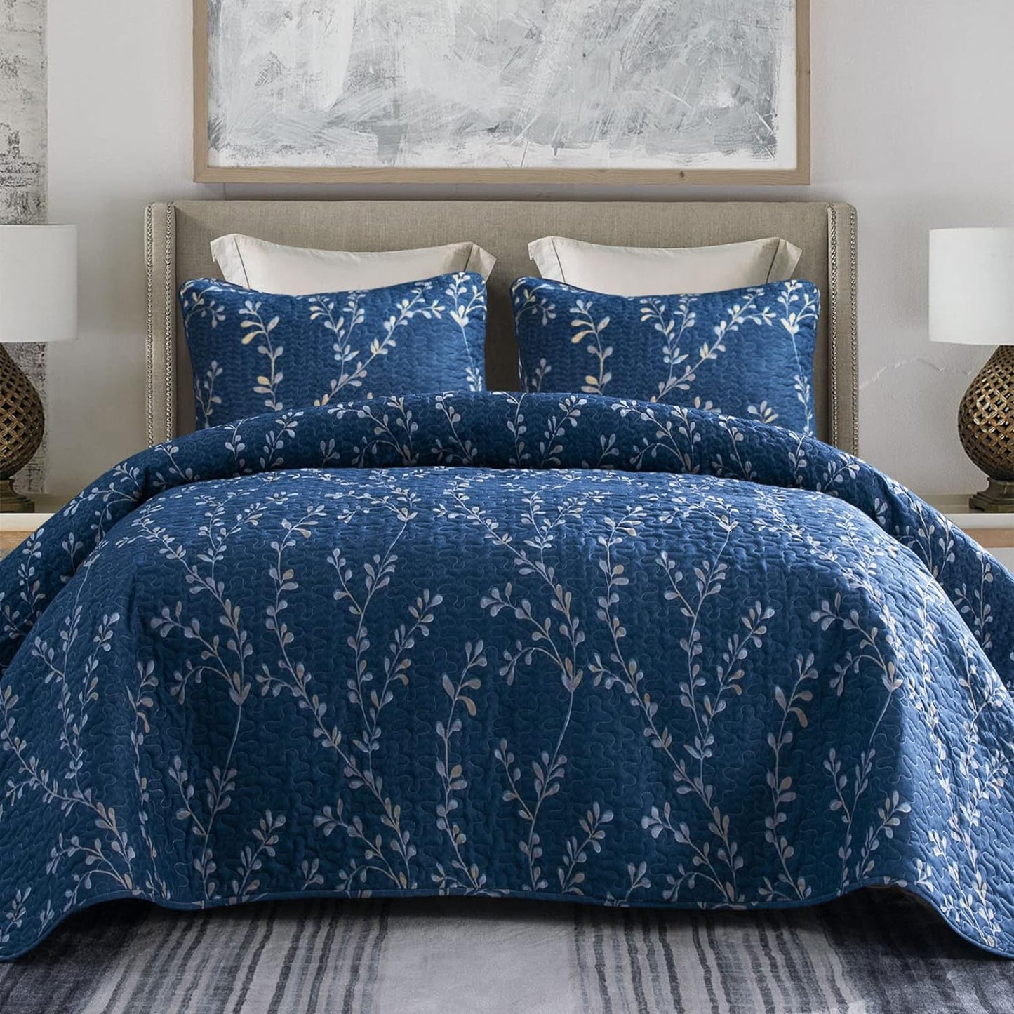 Exclusivo Mezcla Reversible Boho Quilt Set King Size, 3 Pieces Flowers Navy All Season Bedspreads, Ultra Soft Floral Coverlet Bedding Set with Printed Pattern (1 Quilt, 2 Pillow Shams)