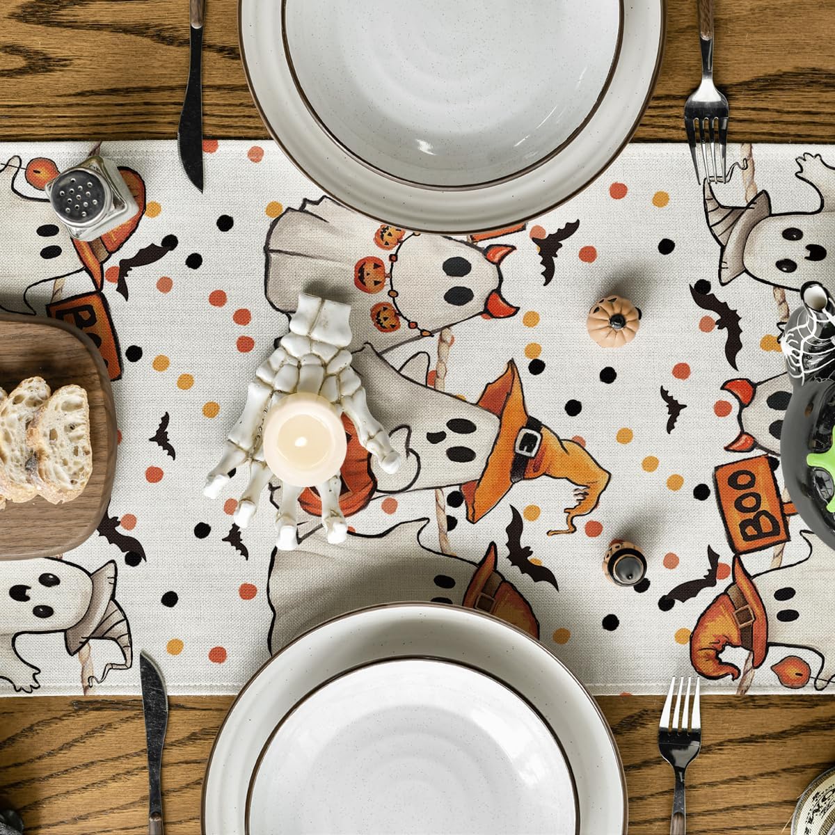 Artoid Mode Beige Ghost Jack-O'-Lantern Black Cat Halloween Table Runner,Holiday Kitchen Dining Table Decoration for Home Party Decor 13 x 108 Inch