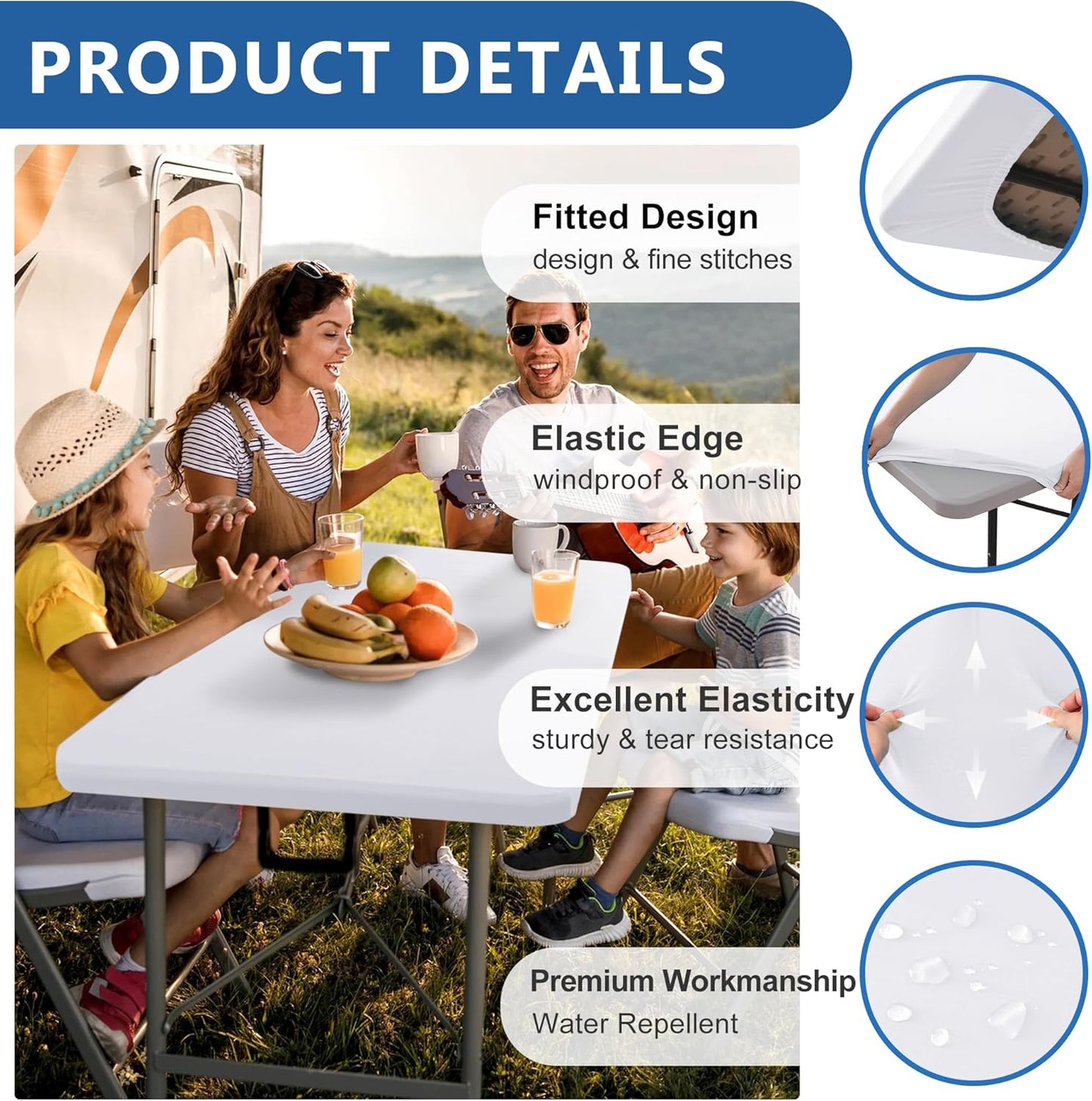 Fitted Tablecloth for 8 Foot Rectangle Tables-4 Pack White Elastic Outdoor Picnic Table Cover-Spandex Stretch Folding Table Cloths 8ft for Camping Dining Room Patio Kitchen Banquet Party