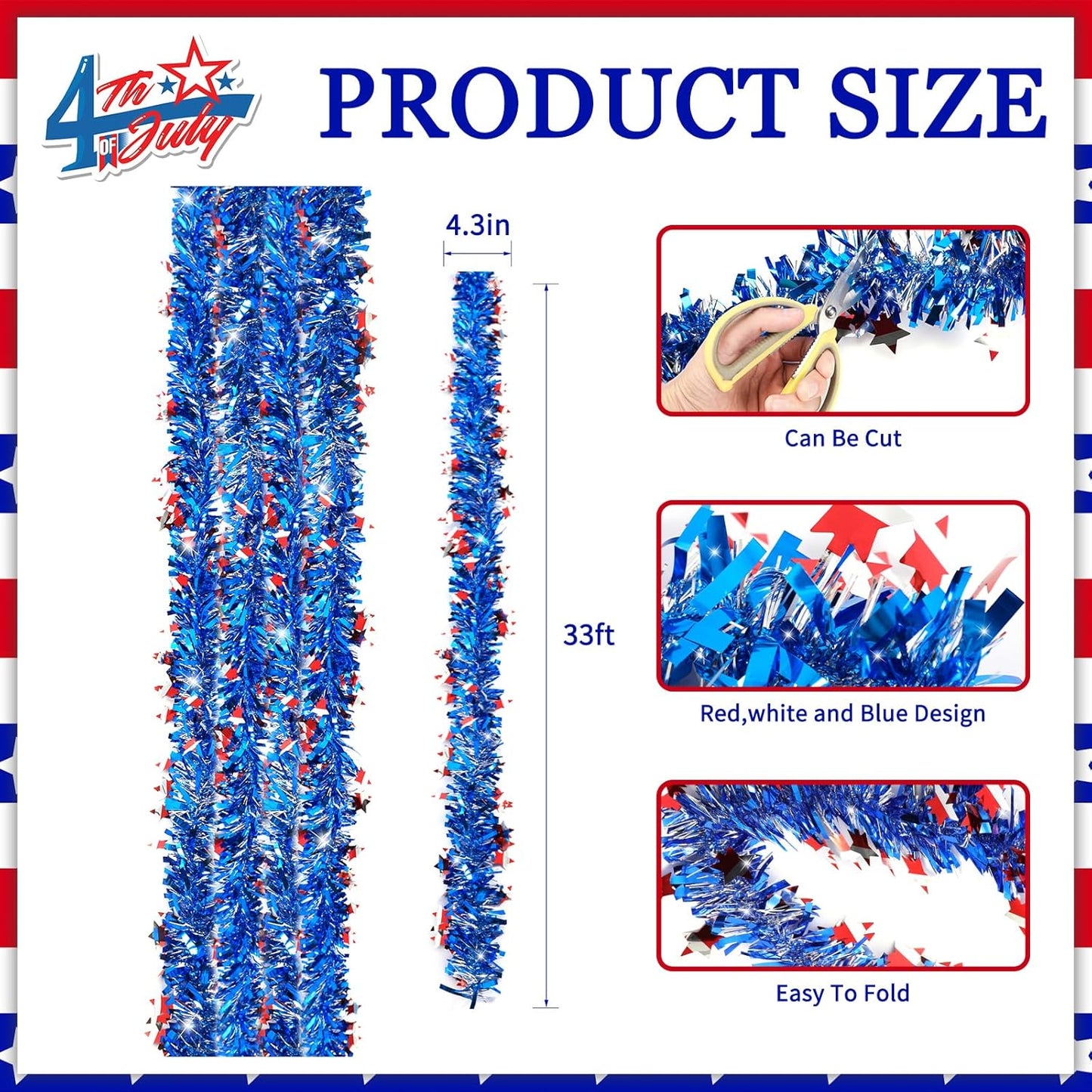 4th of July Patriotic Tinsel Garland Decoration 33FT, Red White and Blue Tinsel Garland with Shiny Star Metallic Garlands,Independence Day Memorial Day Decor for Home Indoor Outdoor