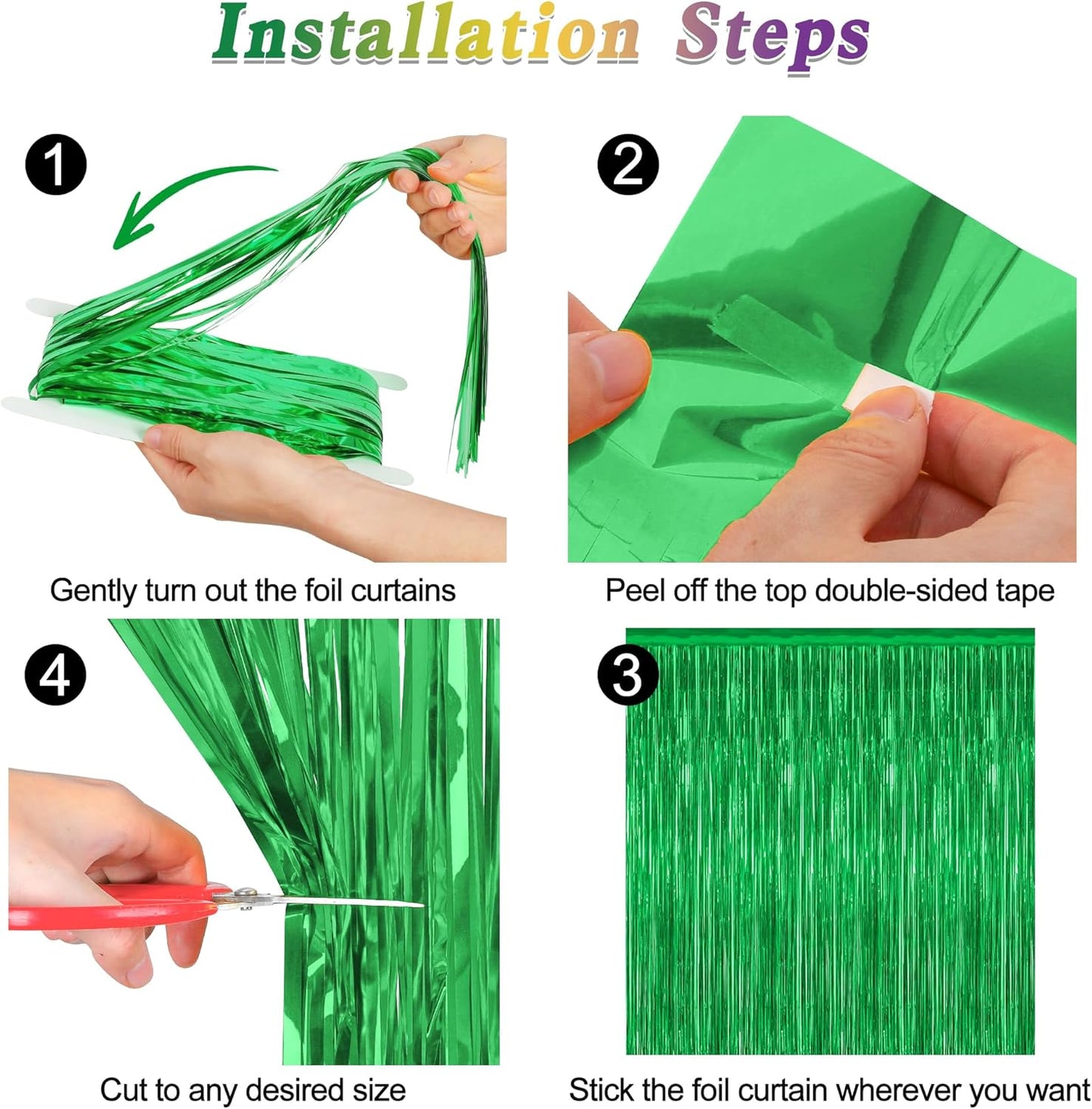 4 Pack Green Streamers, 3.28 FT x 7.05 FT Birthday Tinsel Backdrop, Metallic Green Foil Fringe Curtains Photo Booth Backdrop, Green Jungle Theme Decorations Birthday Decor