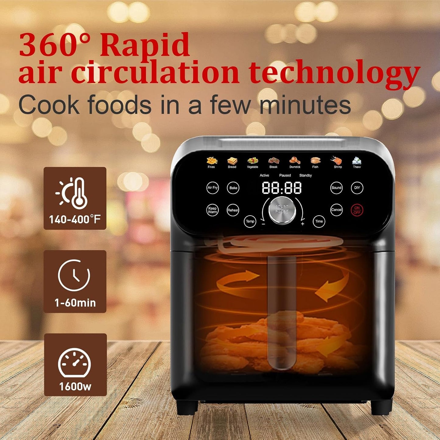 6QT Air Fryer Oven with LED Digital Touchscreen, 12 Preset Cooking Functions Air fryers, Bake, Reheat, Keep Warm, Nonstick and Dishwasher-Safe Basket, Stainless Steel/Black