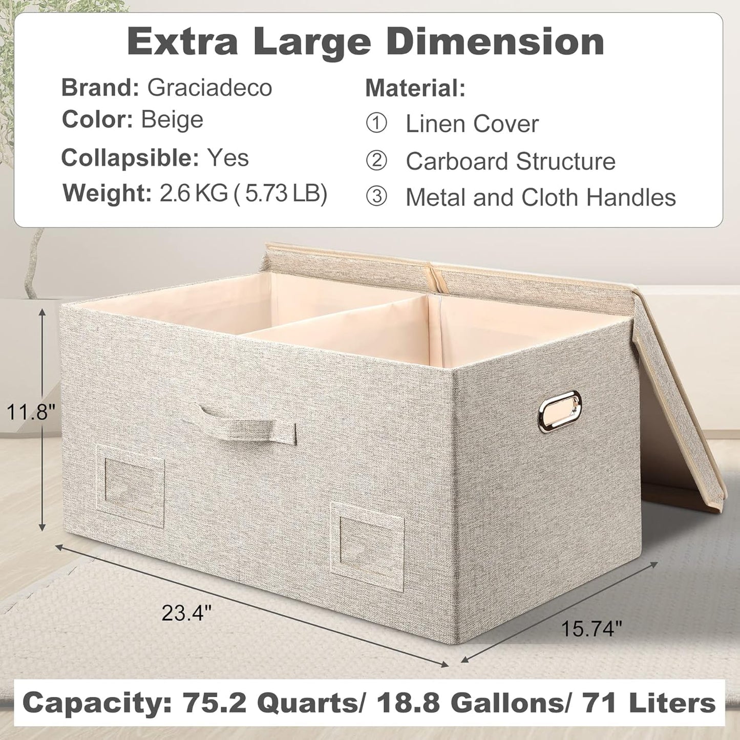 75 Quart Extra Large Decorative Collapsible Storage Bins with Lids, 1 Pack Beige Stackable Boxes