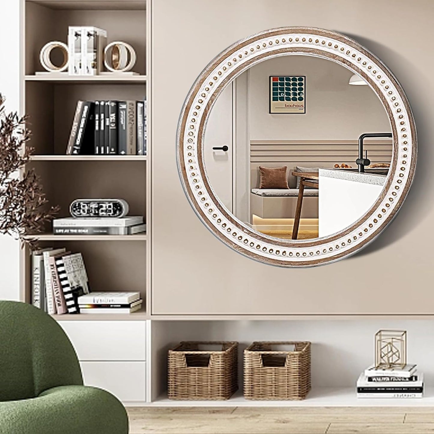 32'' Boho Wooden Large Round Wall Mirrors, Rustic Farmhouse Circle Mirrors Decorative for Bathroom, Bedroom Over Sink, Living Room, Entryway