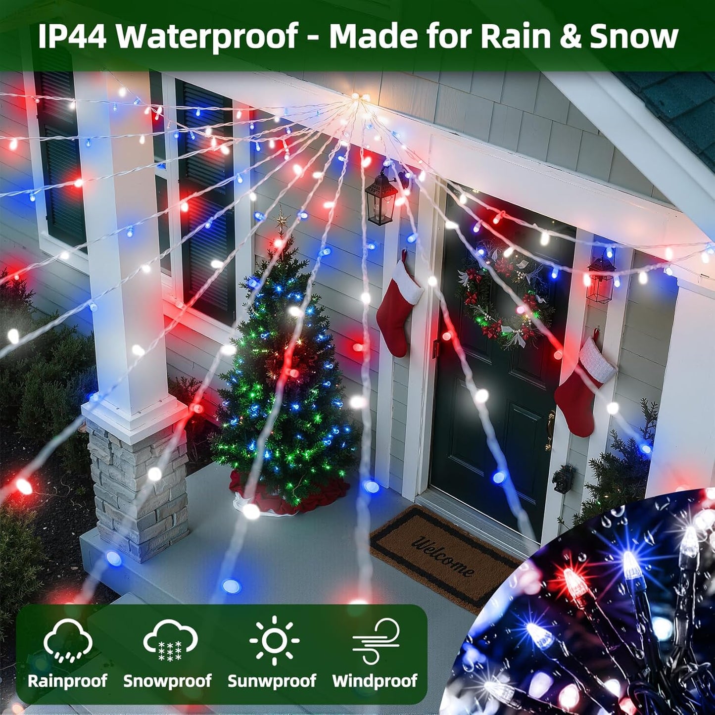 750 LED 240FT Christmas Lights Outdoor,12 Lighting Modes Christmas String Lights with Timer, Dimmable Plug in Red White and Blue LED StringLights Waterproof for Yard Tree Wedding Party Holiday