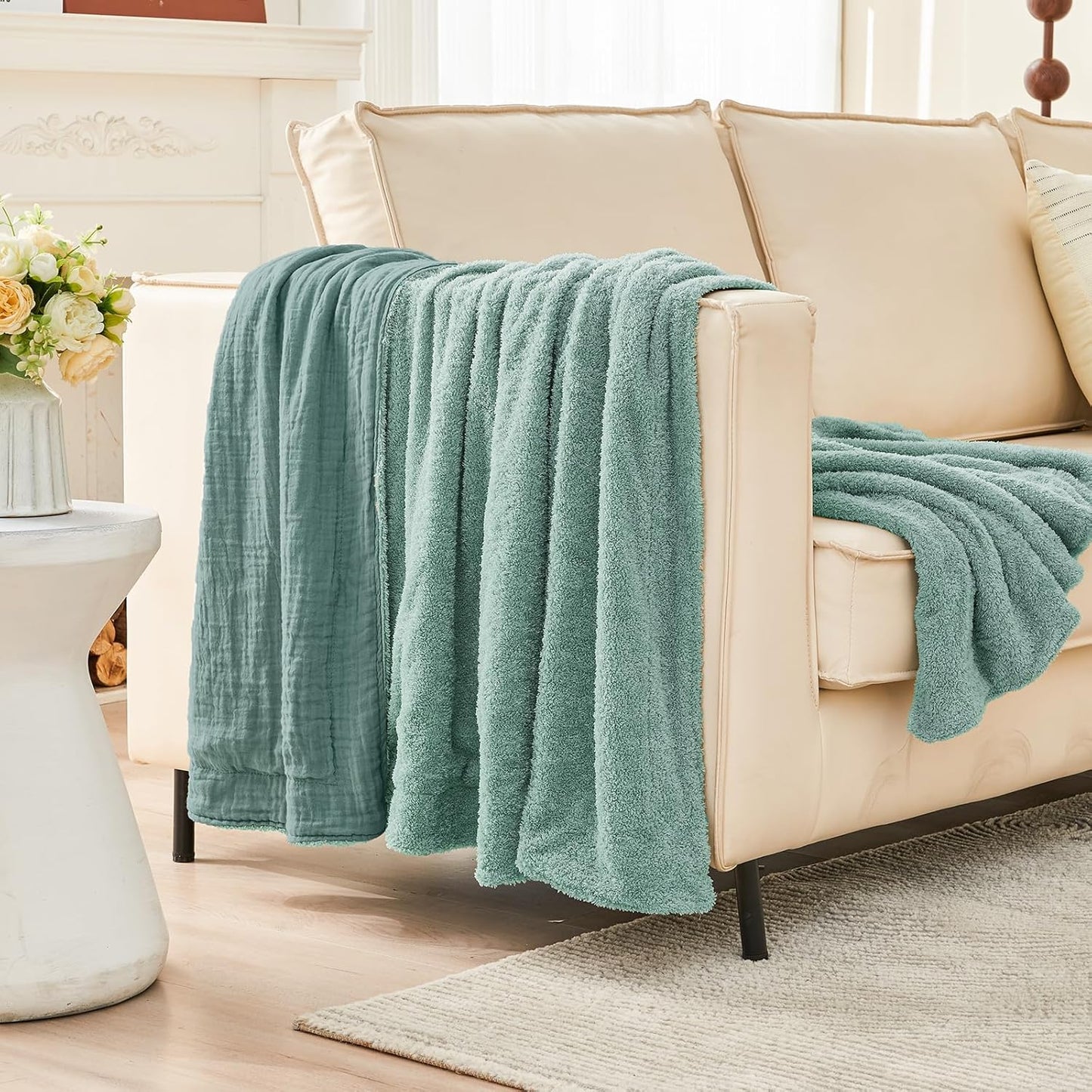 EMME Muslin and Fleece Throw Blanket Reversible - 50"*60" Teal Soft Warm Throw Blankets for Couch Bed Picnic Travel Bed