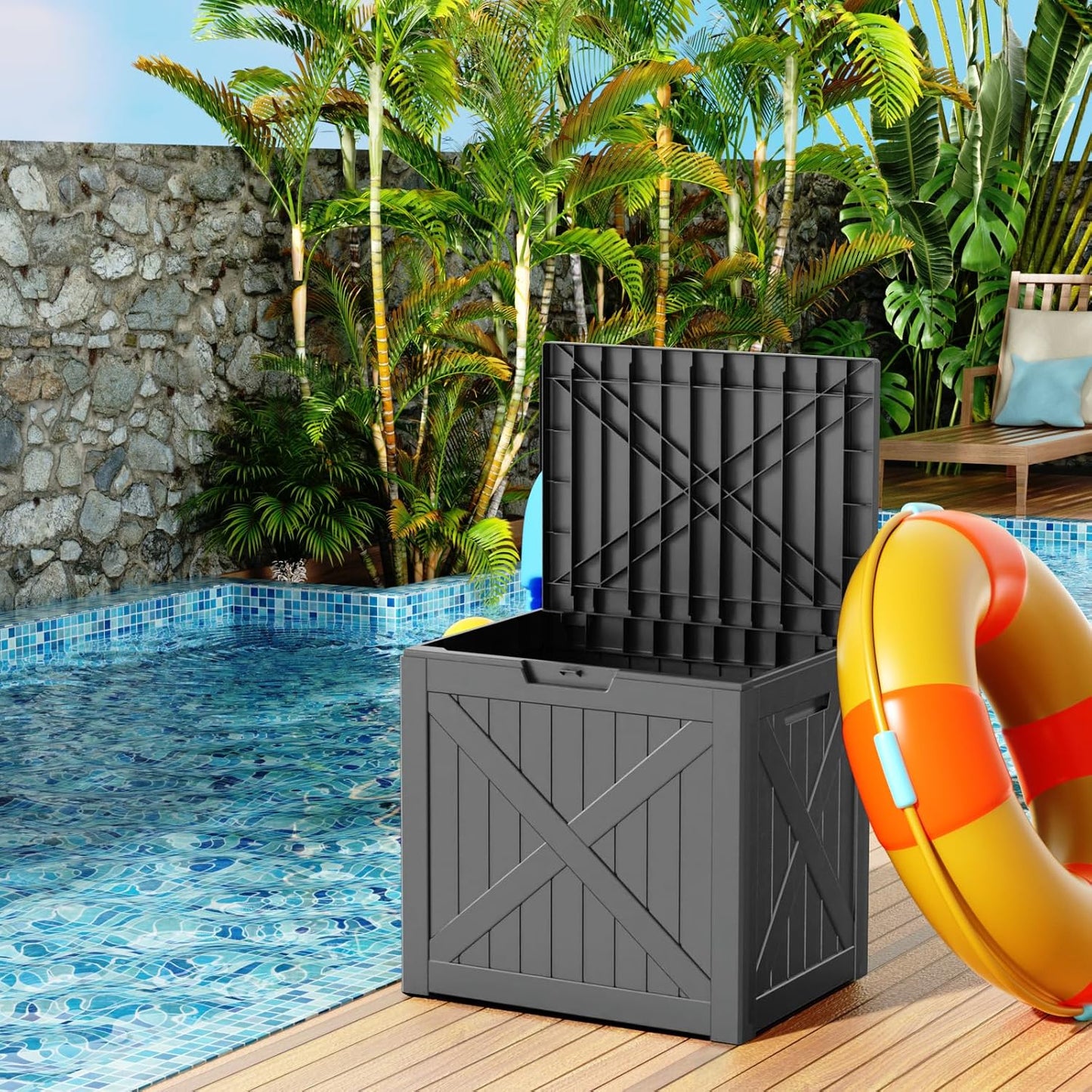 32 Gallon Outdoor Deck Box,Storage Lockable Waterproof Patio Furniture,Garden Tools,Cushions,Pool Accessories Outside Storage Resin Box(Blackn)