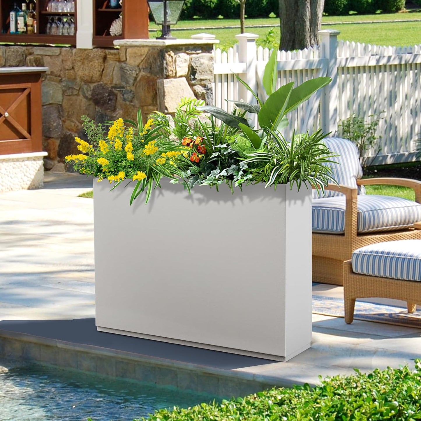 FENCY Metal Rectangular Planter Box Large Planters for Outdoor Plants, Tall Planters for Outdoor Plants with Drainage Holes, Rectangular Planters for Outdoor Plants (35.4" L x 9" W x 25.6" H,White)