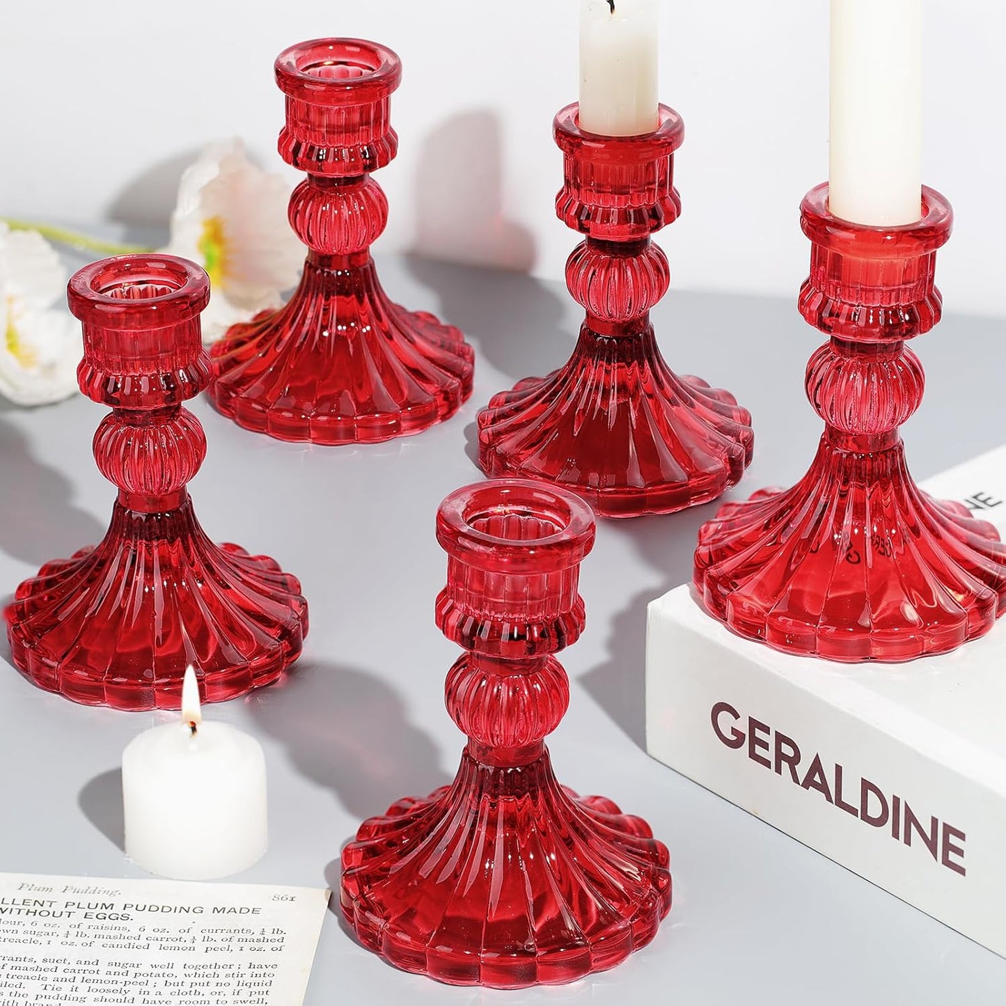12PCS Red Candlestick Holders Set- 4" H Taper Candle Holders, Glass Candle Holders Bulk for Activities, Party, Home Table Centerpieces, Festival Gifts & Windowsill Decor