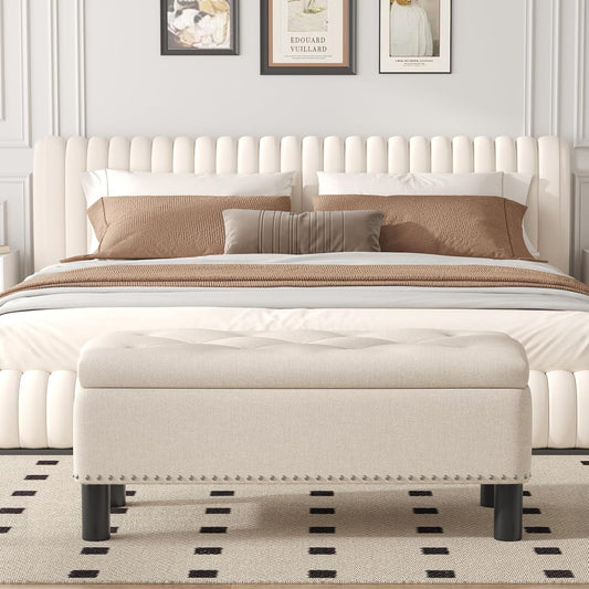 Furniliving 42” Ottoman Bench with Storage, Folding Storage Ottoman Benches with Wood Legs, Upholstered Bedroom Bench with Button-Tufted, Entryway Bench for Bedroom, Linen, Beige