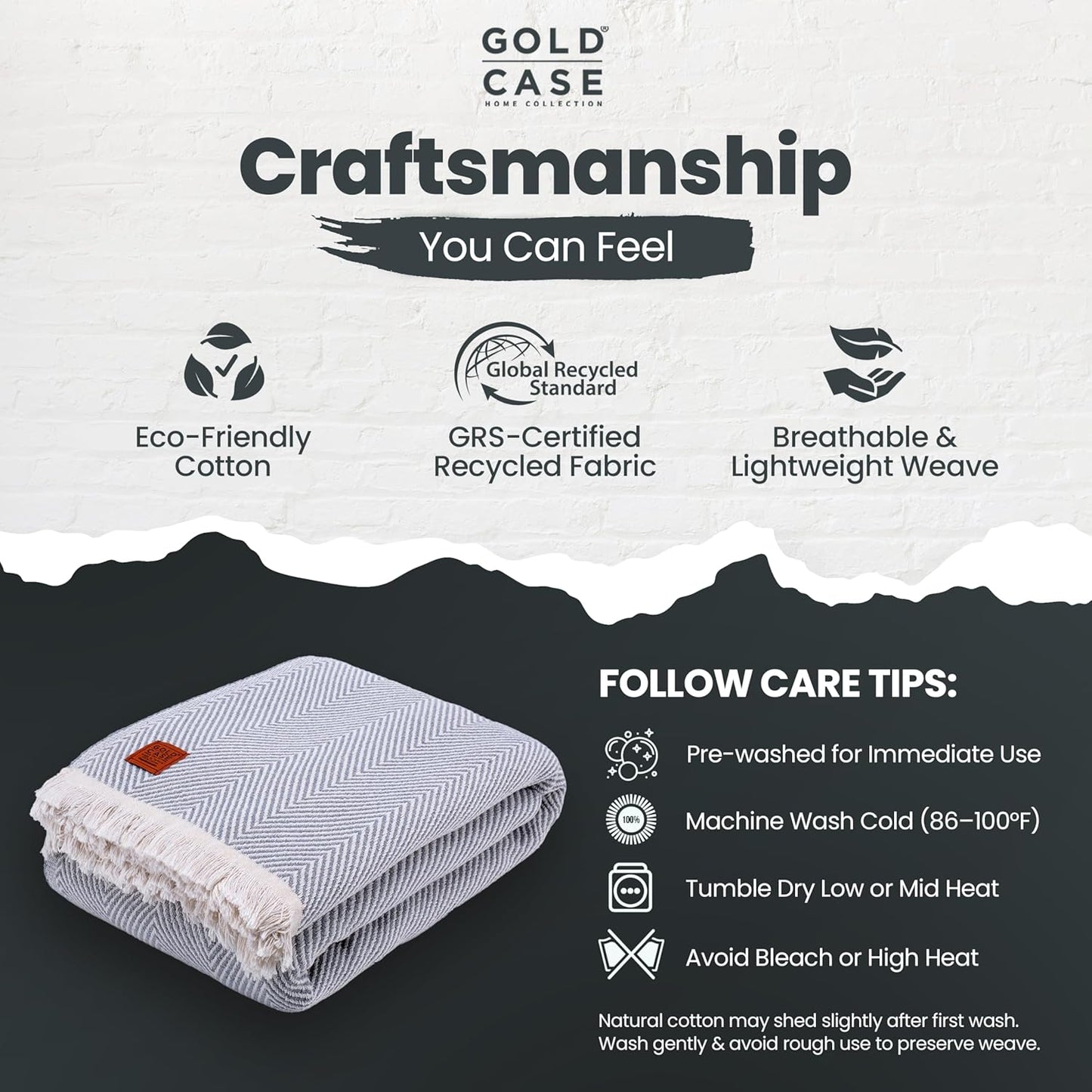 Gold Case Throw Blanket for Bed – 100% Recycled Turkish Cotton Bed Blanket – Decorative Throw Cotton Blankets for Living Room & Bedroom – Elegant Grey Woven Queen Blankets – 90x90