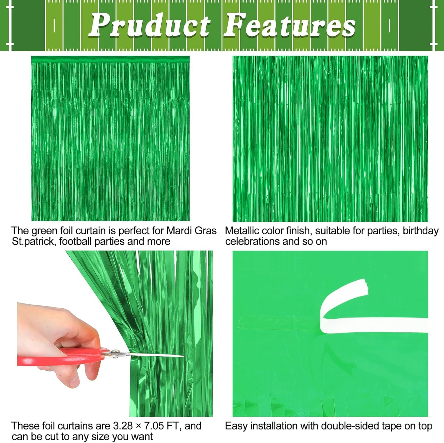 12 Pack Party Decorations, 3.28 FT x 7.05 FT Green Streamer, Metallic Birthday Backdrop Foil Fringe Curtains Green Tinsel, Party Supplies Photo Booth Props Door Wall Indoor Decor