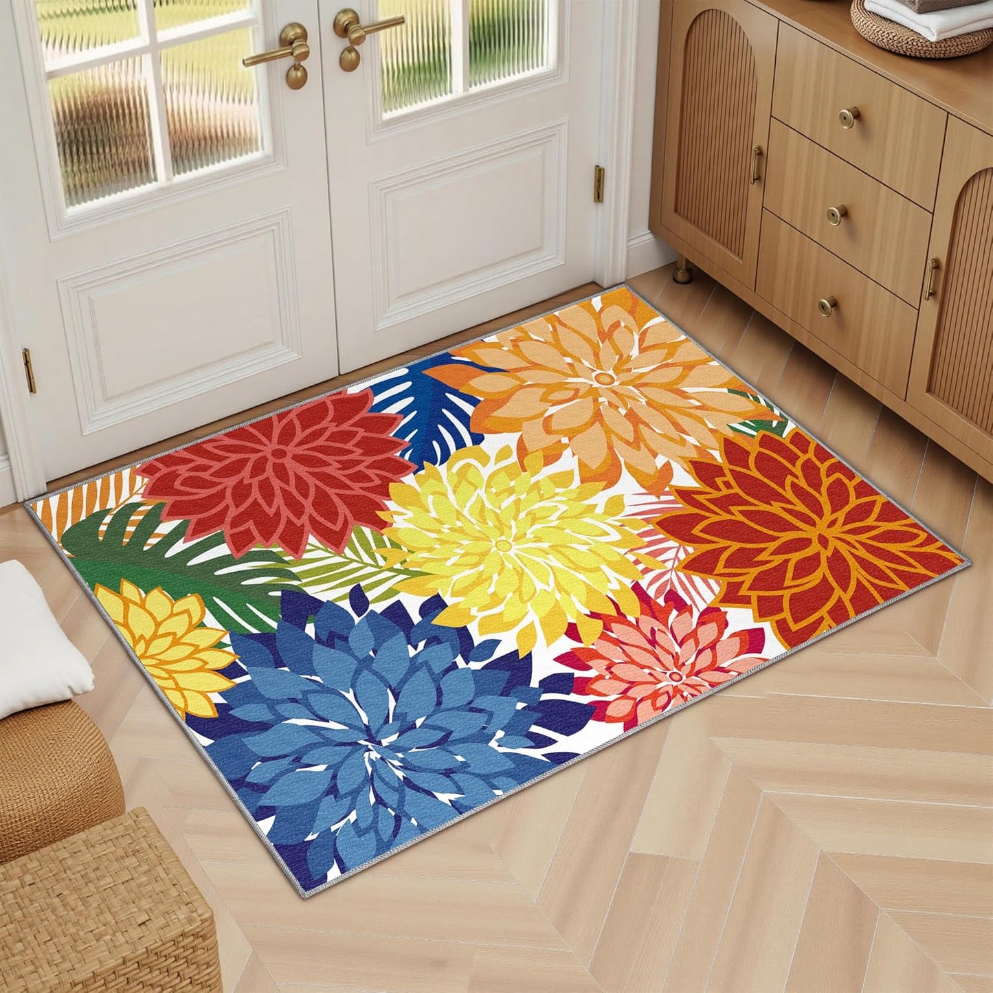 Area Rug 2x3 Washable Entry Small Rug Multicolored Tropical Botanical Modern Floral Indoor Kitchen Door Mat Entrance Carpet Non Slip for Bedroom Living Room, Porch
