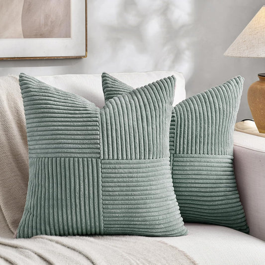 Fancy Homi 2 Packs Grey Blue Euro Decorative Throw Pillow Covers 28x28 Inch for Couch Bed Sofa, Rustic Farmhouse Boho Home Decor, Soft Corss Corduroy Patchwork Textured Square Cushion Case 71x71 cm