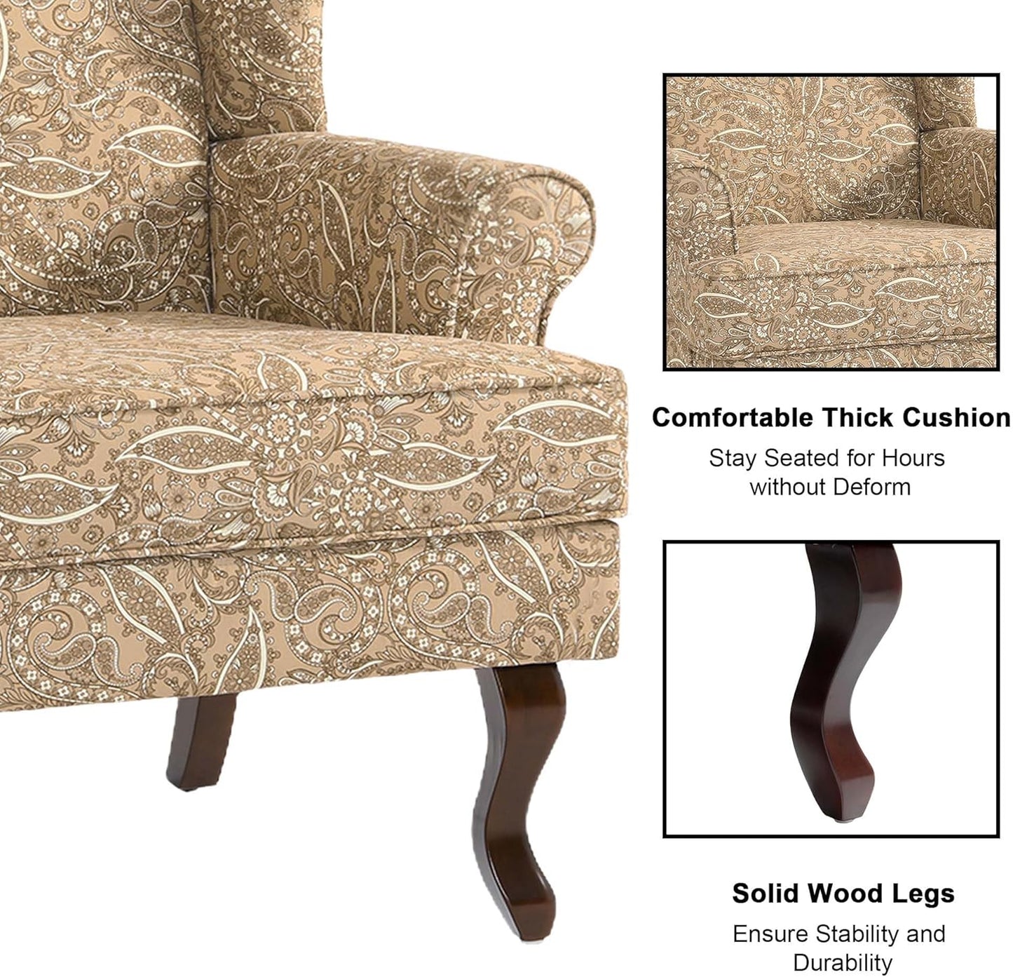 Accent Chair, High Back Upholstered Armchair with High Resilience Sponge & Wood Legs, Mid-Century Modern Comfy Single Sofa Reading Chairs for Living Room, Bedroom (Floral Light Brown, Set of 1)