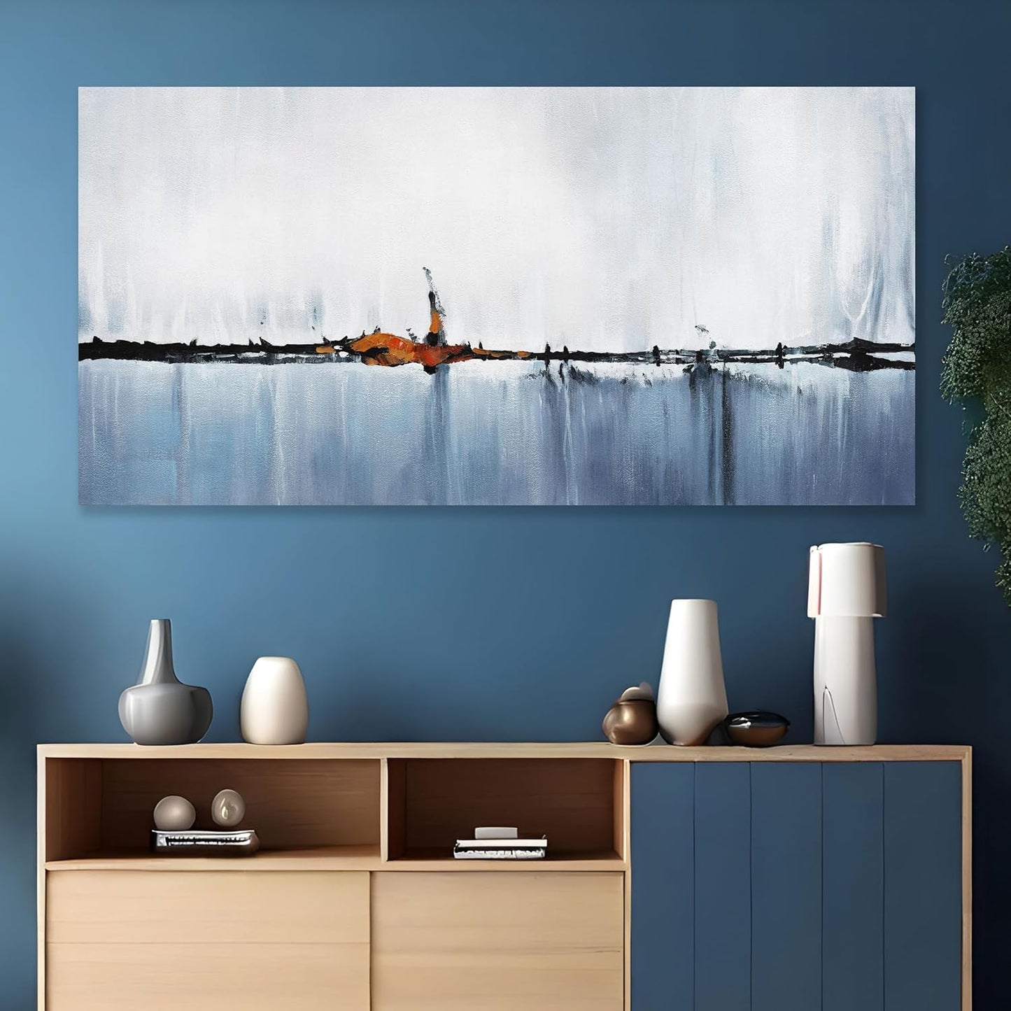 Abstract Wall Decor Modern Abstract Wall Art Blue and White Pictures Canvas Art Wall Decor Framed Artwork for Living Room Bedroom Dining Room Home Office Decor 29"x58"