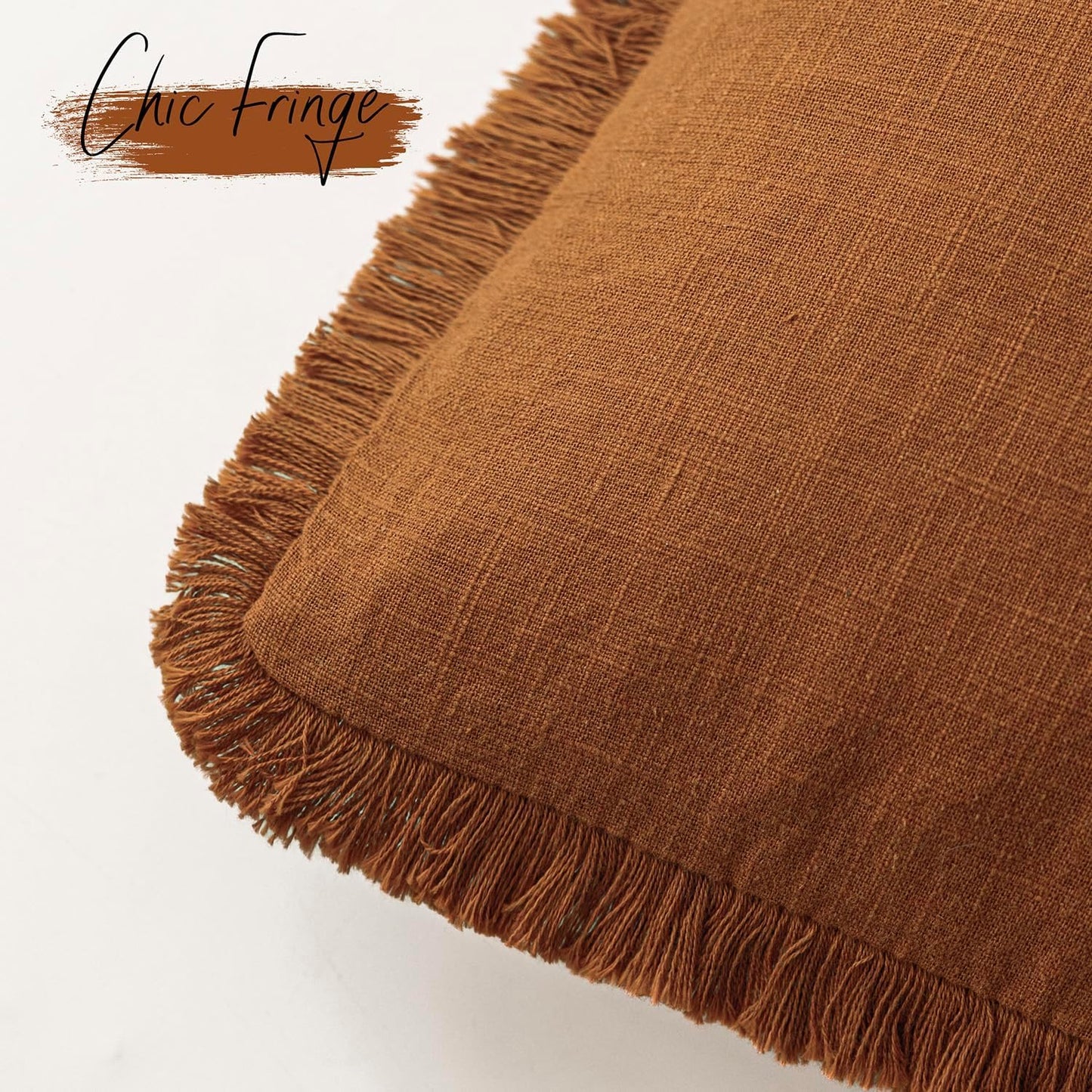 Foindtower Set of 2 Decorative Linen Fringe Throw Pillow Covers Cozy Boho Farmhouse Cushion Cover with Tassels Soft Accent Pillowcase for Couch Sofa Bed Living Room Home Decor, 24×24 Inch, Orange