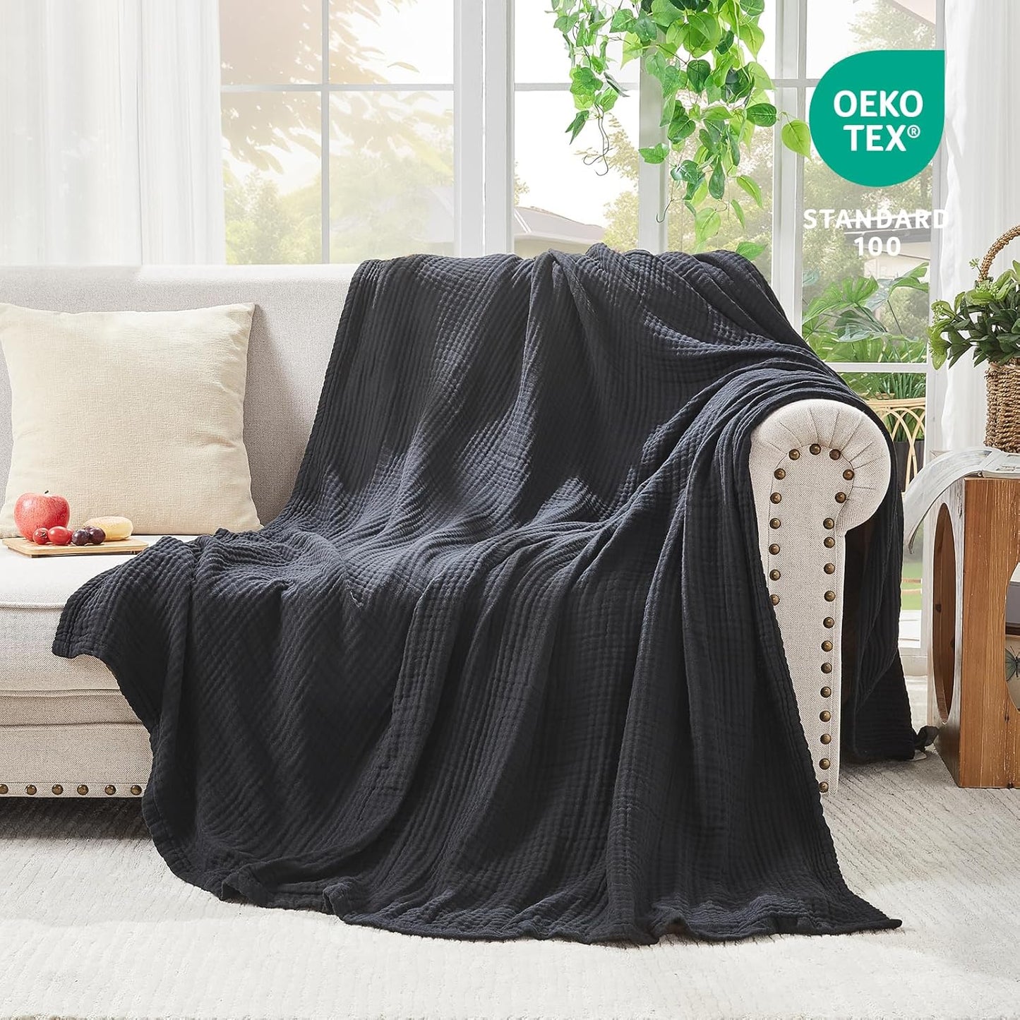 EMME Cotton Muslin Twin Blanket Breathable Gauze Blanket Soft Lightweight Blankets Adults Gifts for Women (Black, 60"x80")
