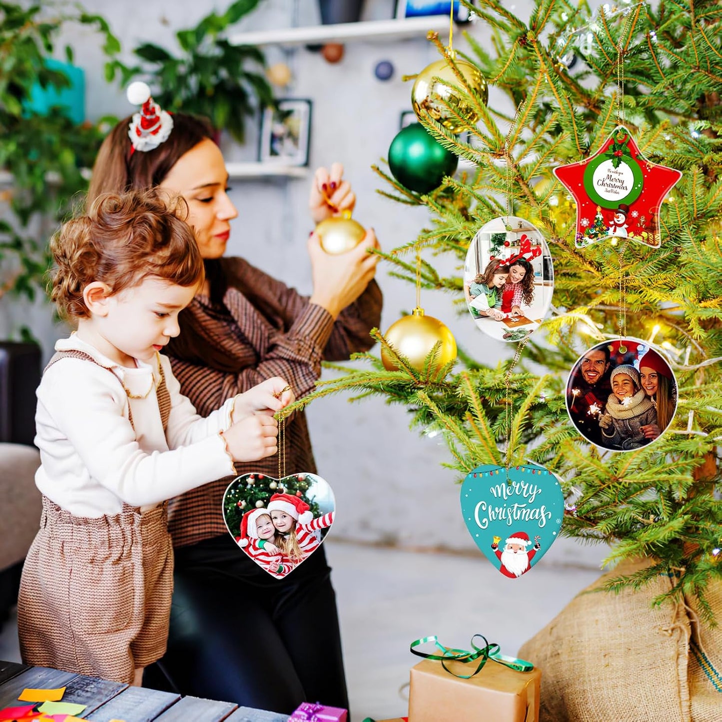 4 Pack Personalized Christmas Ornaments 2025 Ceramic Custom Photo Text Hanging Ornament for Christmas Tree Decorations, First Christmas Engaged/Married, New Home, Baby's First Christmas, Memorial