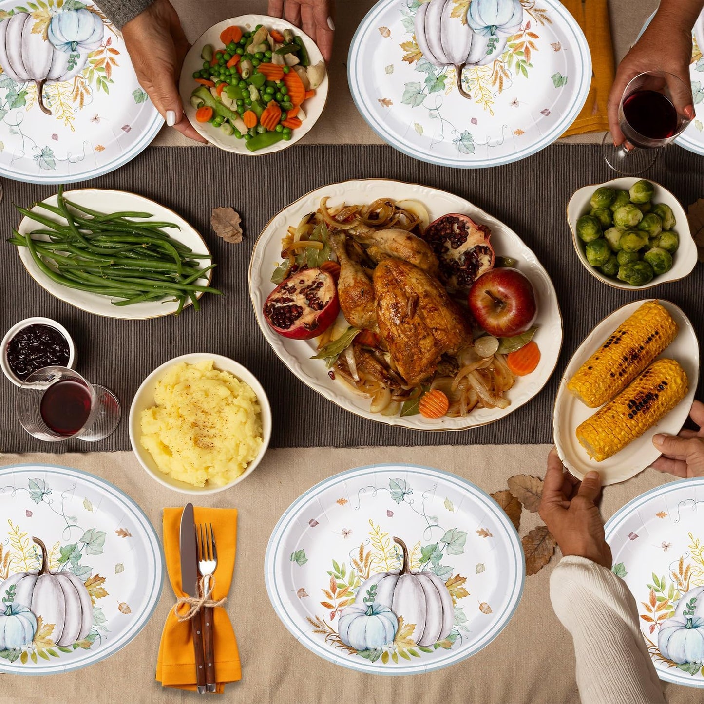 25 Pcs Fall Paper Plates Large 9" X 11" Thanksgiving Pumpkins Maple Leaf Disposable Autumn Dinnerware for Harvest Thanksgiving Party Decorations