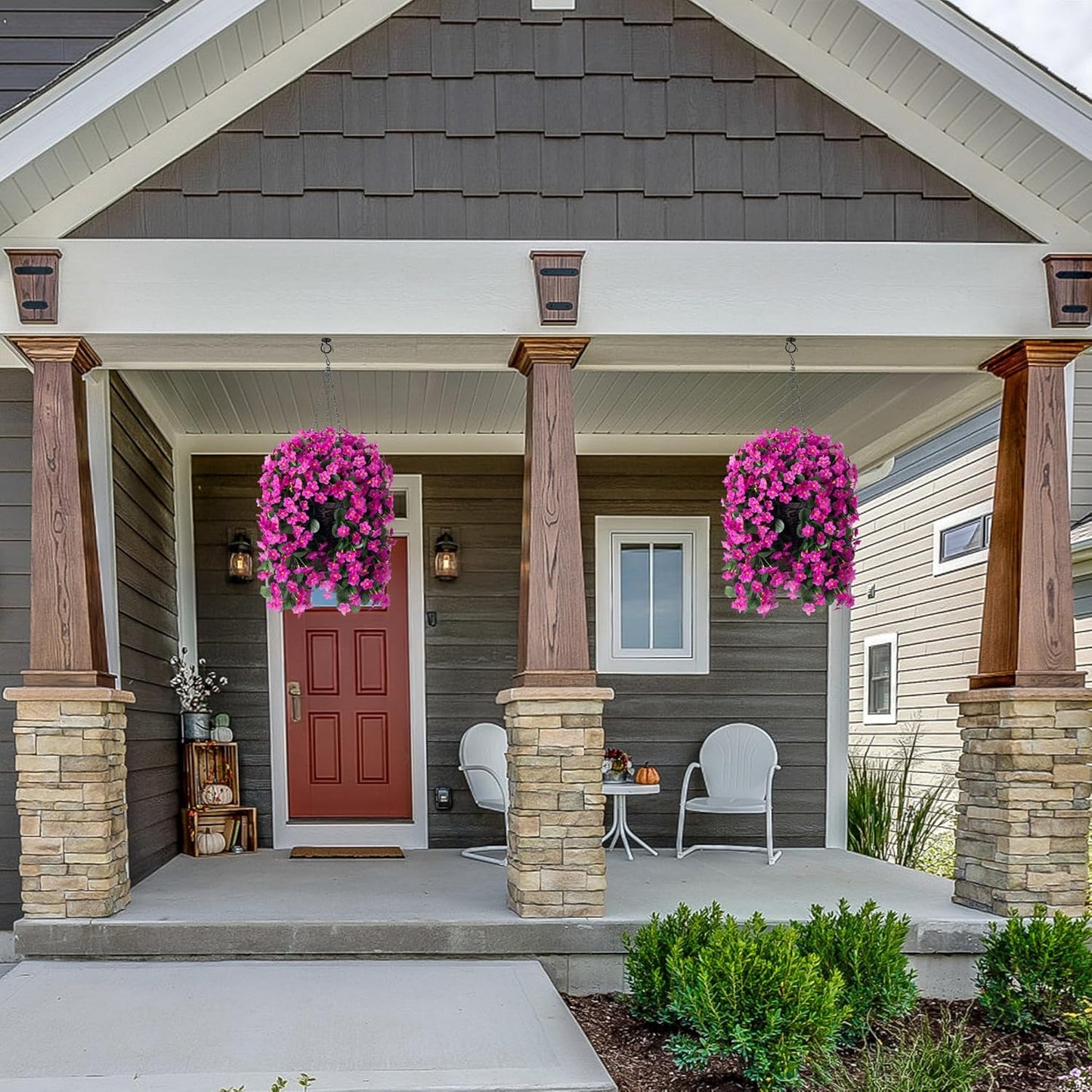 Artificial Fake Hanging Flowers Plants Baskets for Outdoor Fall Decoration, Faux Silk Fuchsia Daisy Mums Trailing Orchid UV Resistant for Home Outside Porch Garden Yard Patio Decor