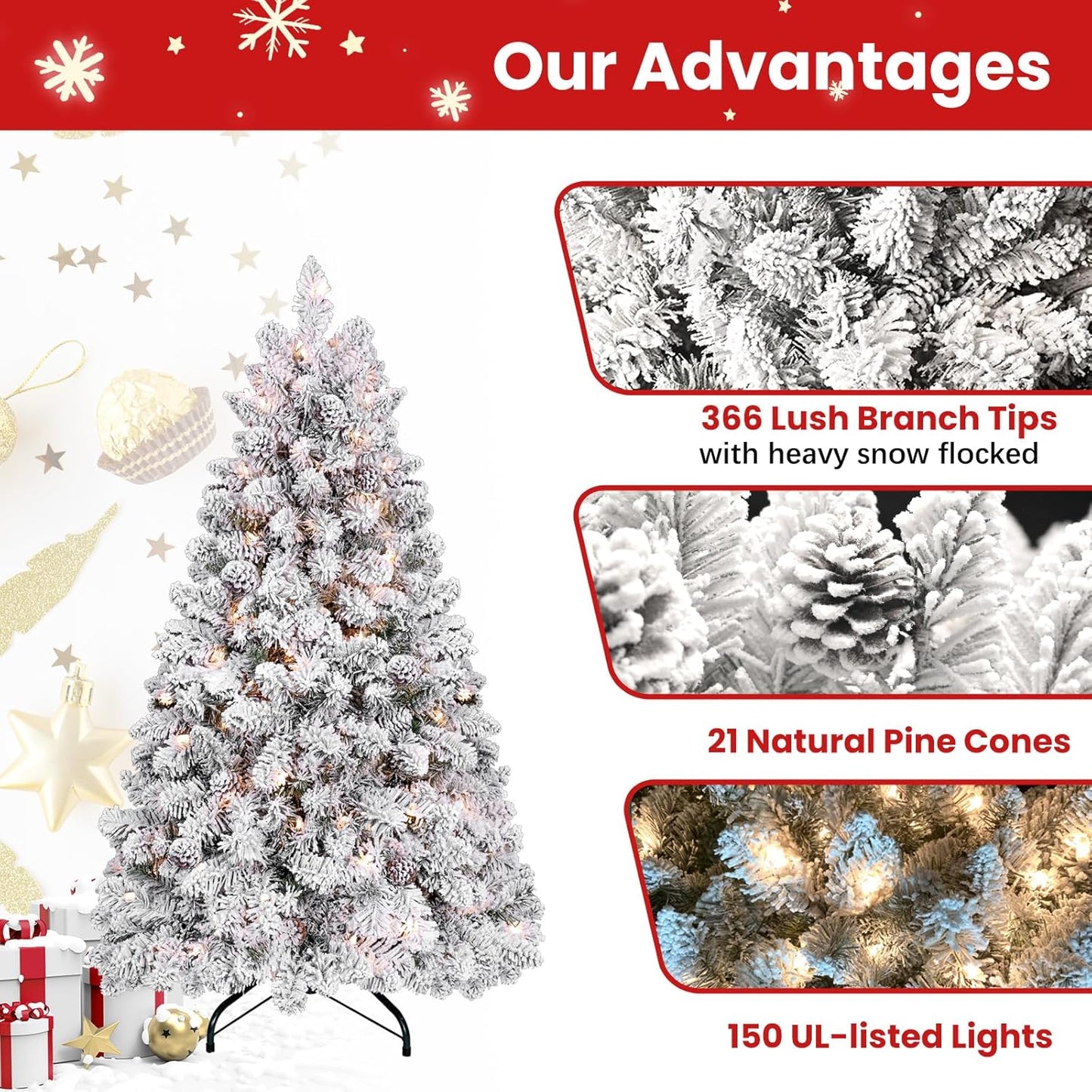 4 ft Prelit Flocked Christmas Tree with Pine Cones & 150 UL Lights, Snow Frosted Artificial Christmas Tree with Auto Hinged Stand for Holiday Decor